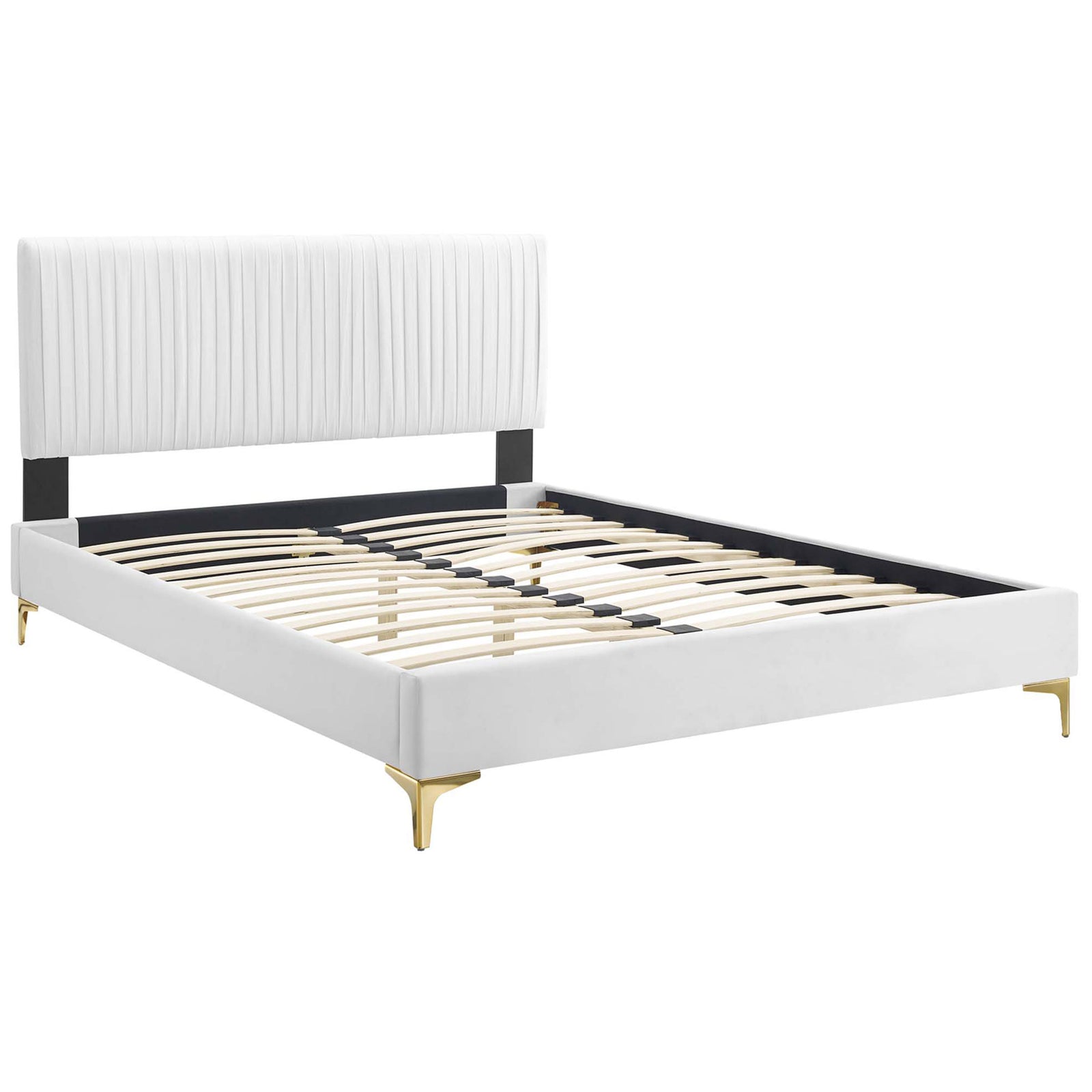 Sturdy wood slat support system anchors the velvet platform frame with gold-finished legs. || MOD-6595-WHI || front_angle_studio