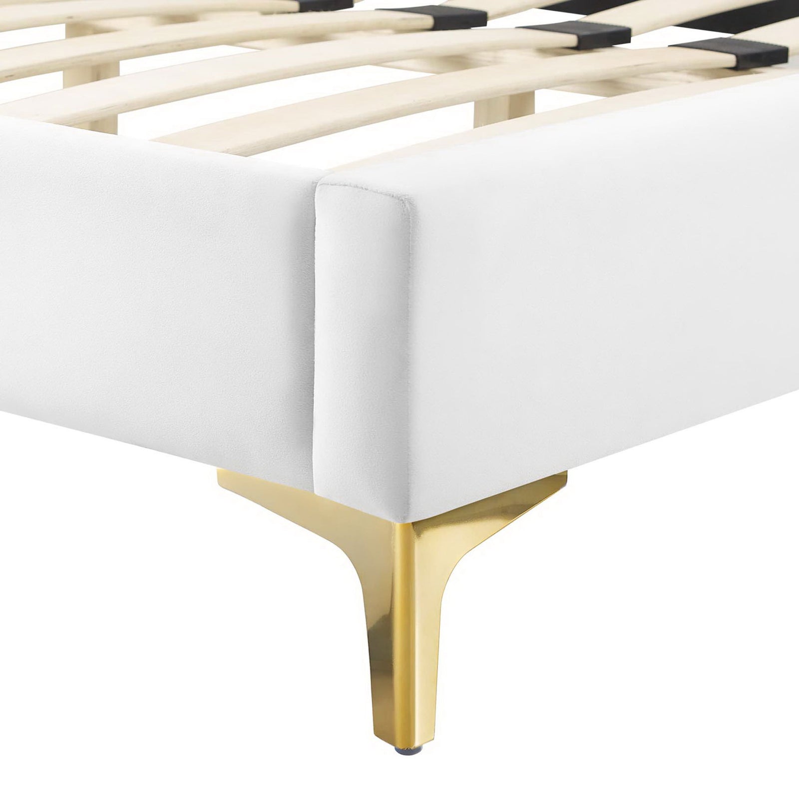 Polished gold leg and neatly tailored velvet corner add modern glam detail. || MOD-6595-WHI || leg_studio