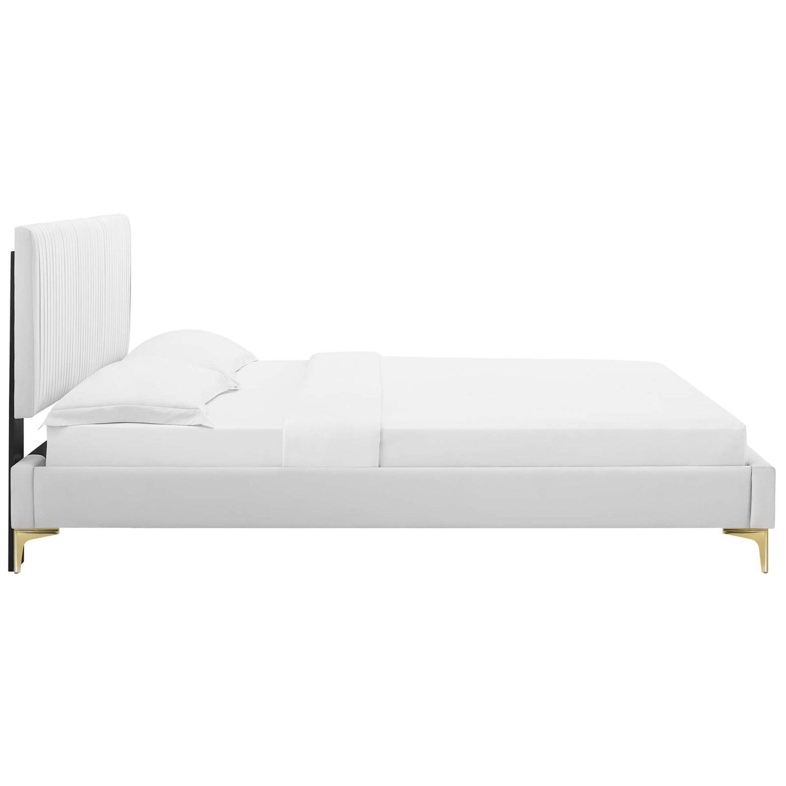 Low-profile silhouette with plush velvet rails and slim gold legs for airy style. || MOD-6595-WHI || side_studio