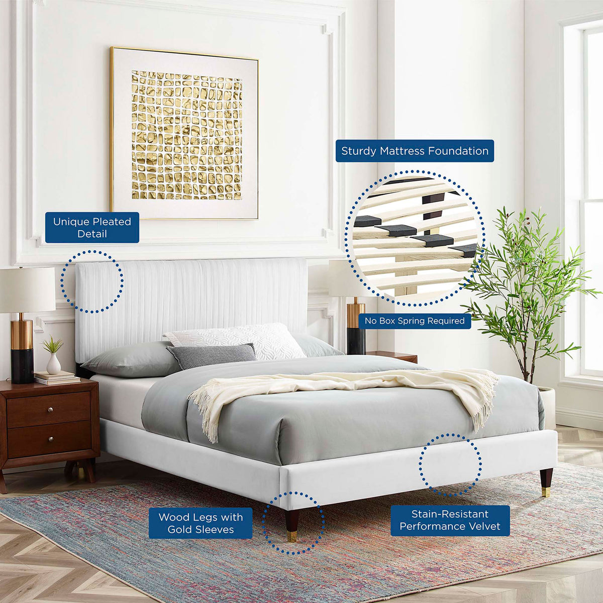 Feature highlights: stain-resistant velvet, wood slats, and gold-capped legs. || MOD-6596-WHI || callout_room