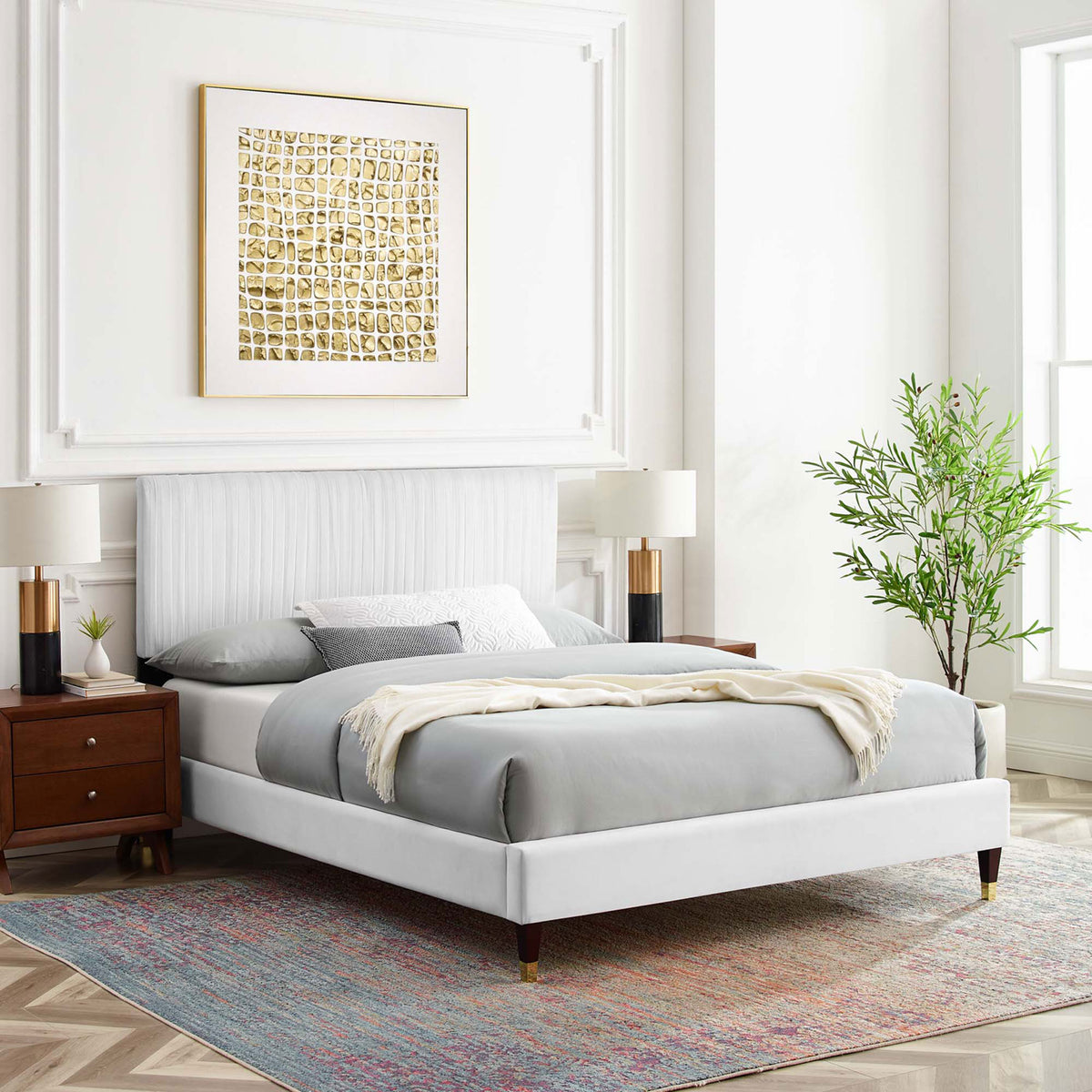 Modern glam bedroom look with white velvet, channel tufting, and gold accents. || MOD-6596-WHI || front_angle_room