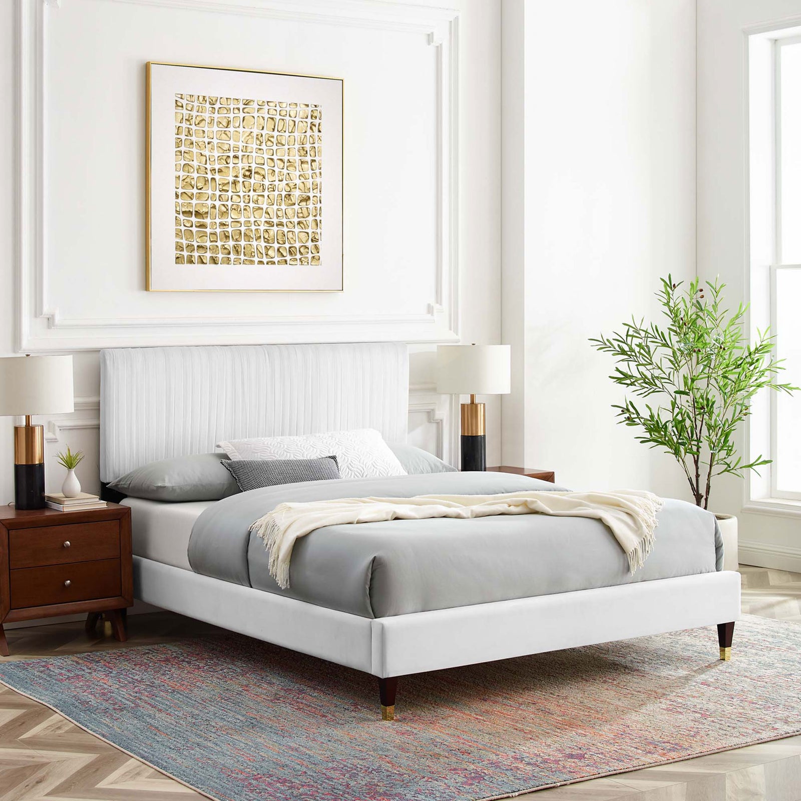 Modern glam bedroom look with white velvet, channel tufting, and gold accents. || MOD-6596-WHI || front_angle_room