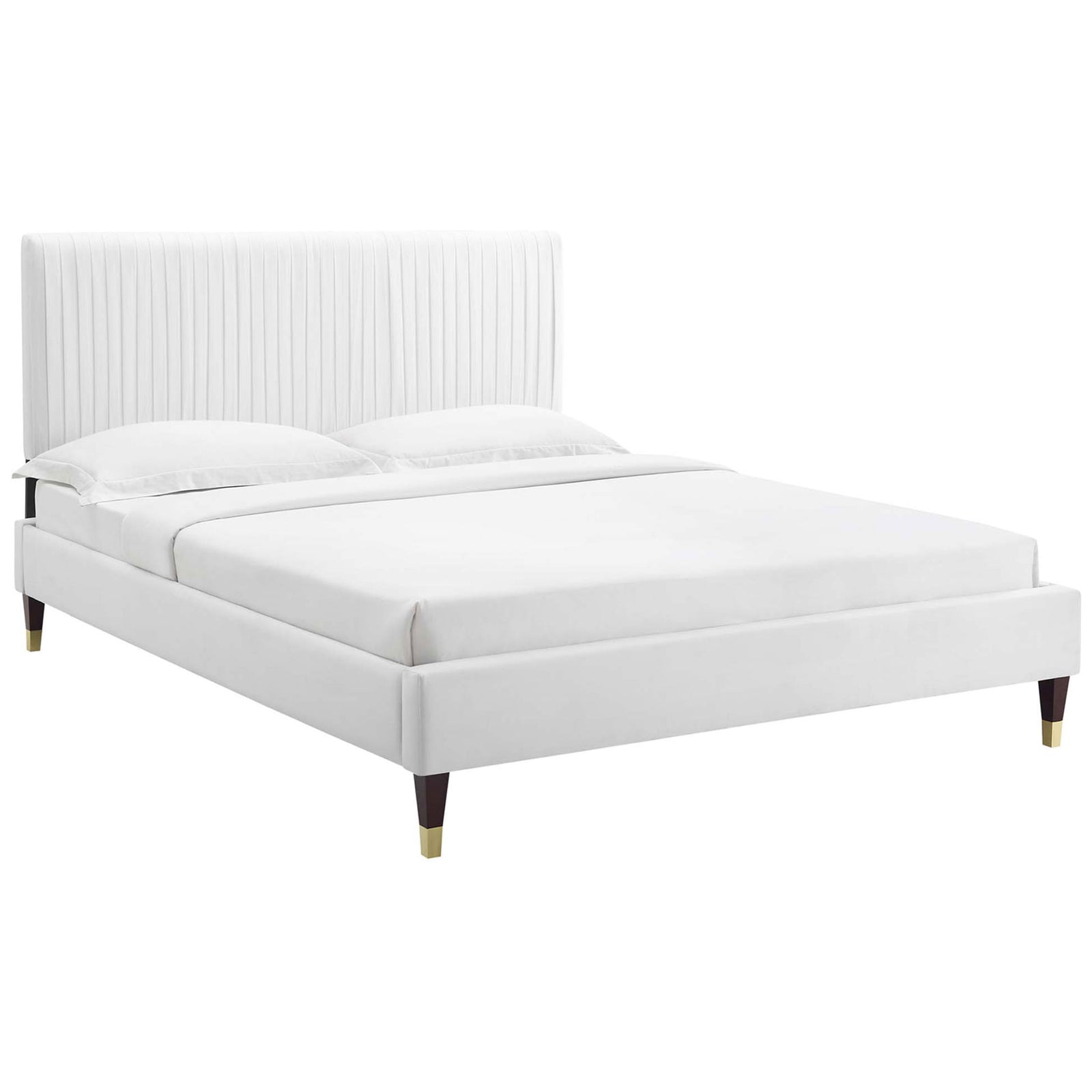 Sleek white velvet bed with pleated headboard and mid-century gold-tipped legs. || MOD-6596-WHI || front_angle_studio