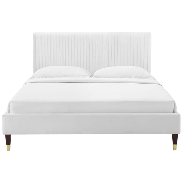 White velvet platform bed with channel tufted headboard and gold-capped wood legs. || MOD-6596-WHI || front_studio