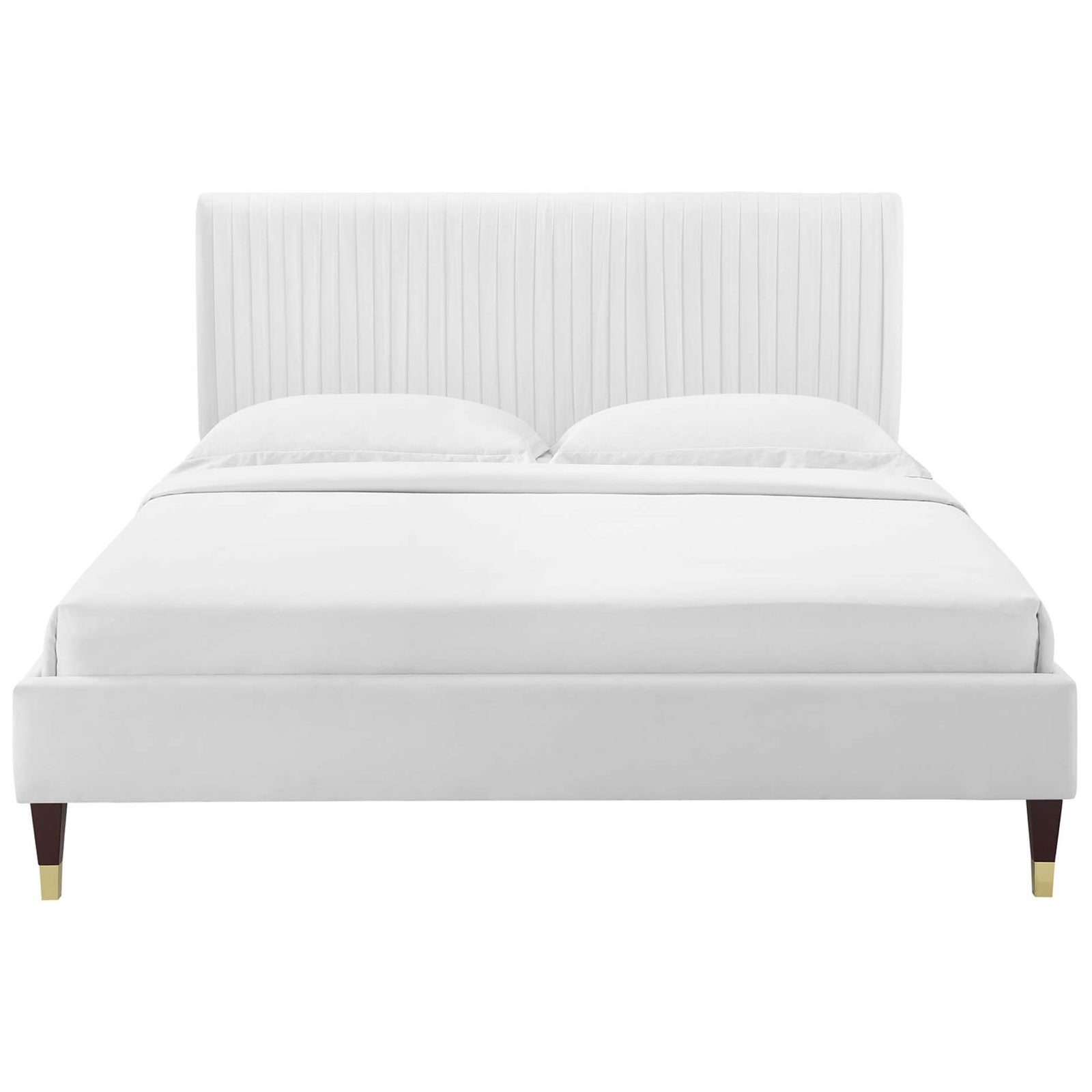 White velvet platform bed with channel tufted headboard and gold-capped wood legs. || MOD-6596-WHI || front_studio