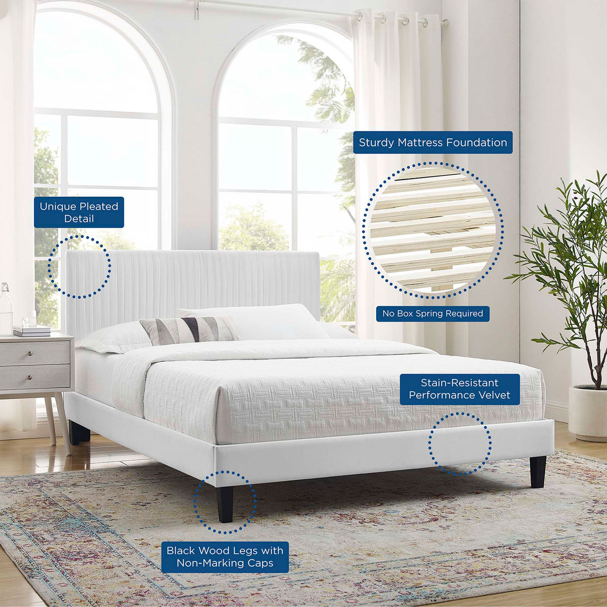 Pleated headboard detail, sturdy slat foundation, and black legs with non-marking caps || MOD-6597-WHI || callout_room
