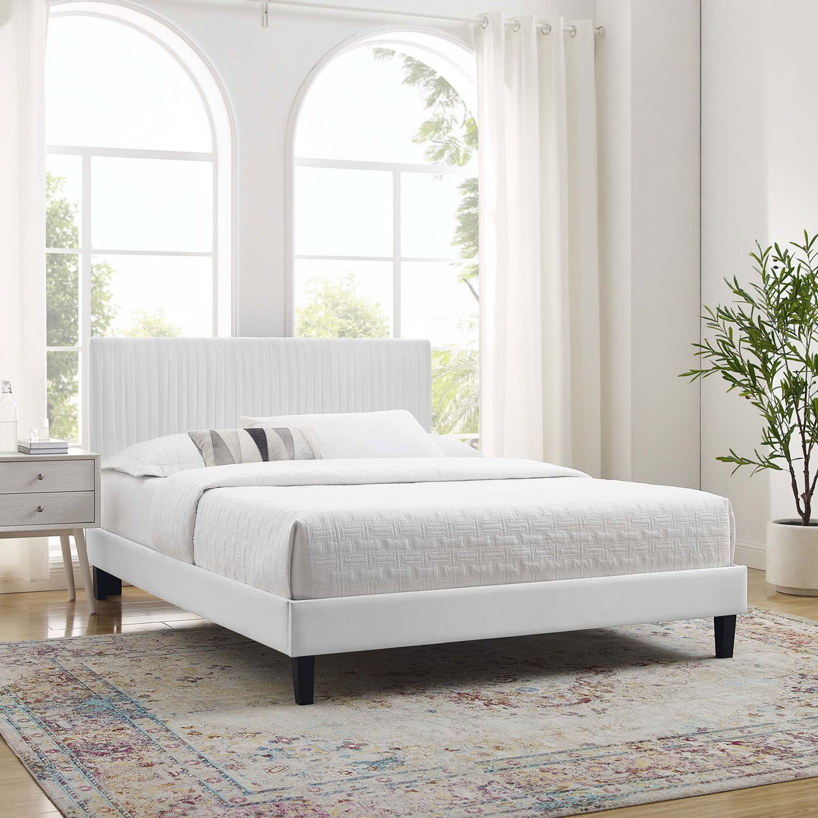 White channel-tufted velvet platform bed styled with crisp bedding and clean lines || MOD-6597-WHI || front_angle_room