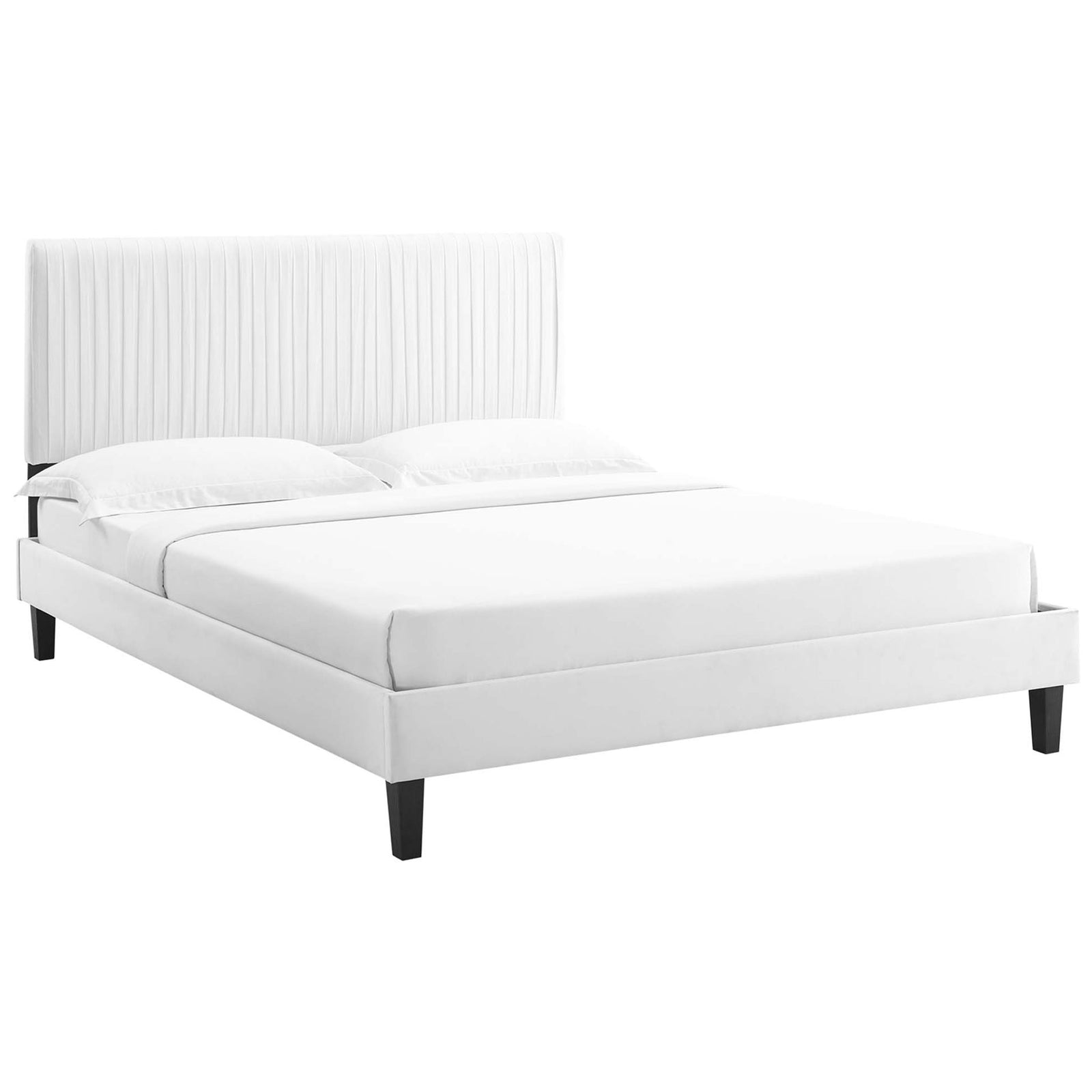 White channel-tufted velvet platform bed with black wood legs and clean modern lines || MOD-6597-WHI || front_angle_studio