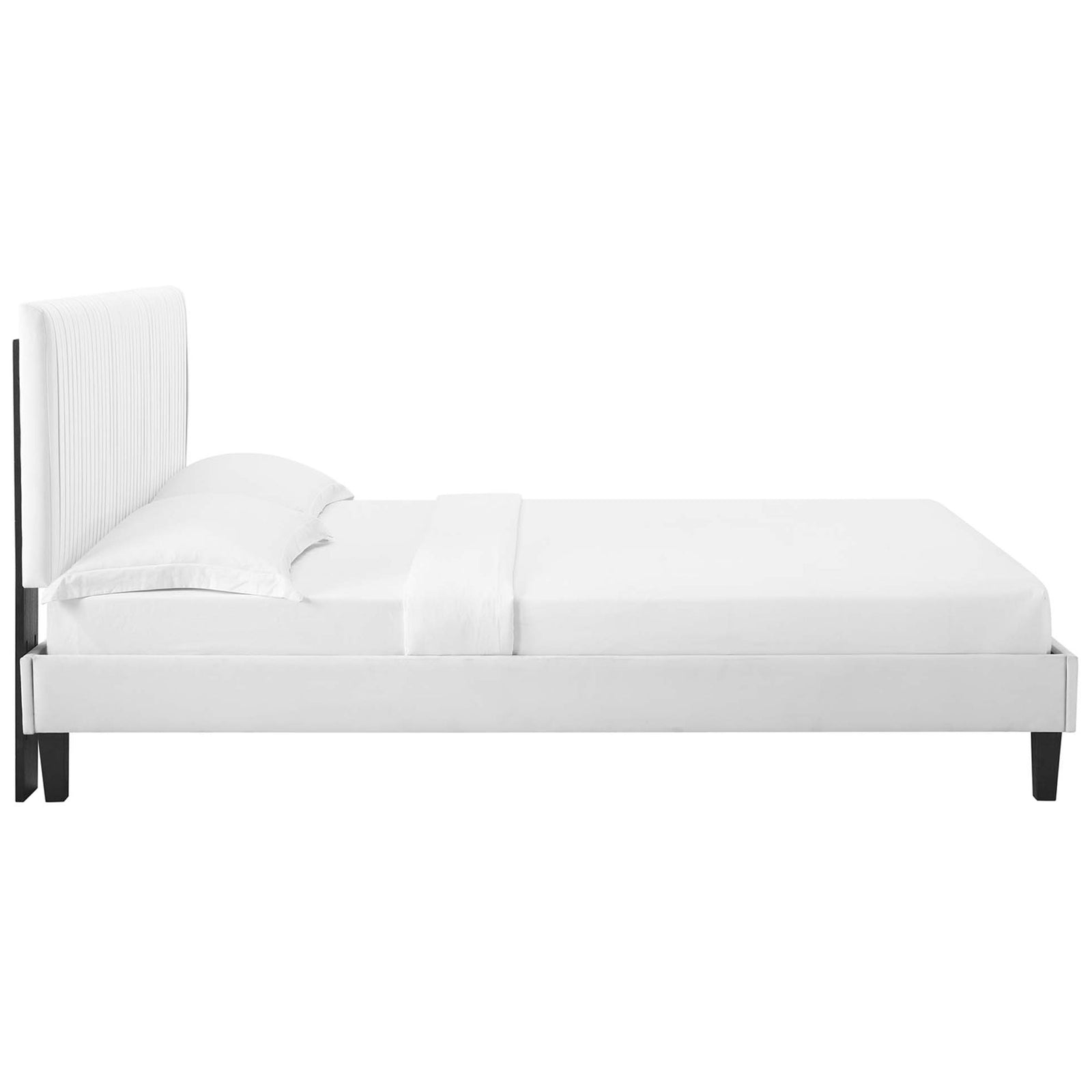 Low-profile platform silhouette with a softly padded, channel-tufted headboard || MOD-6597-WHI || side_studio