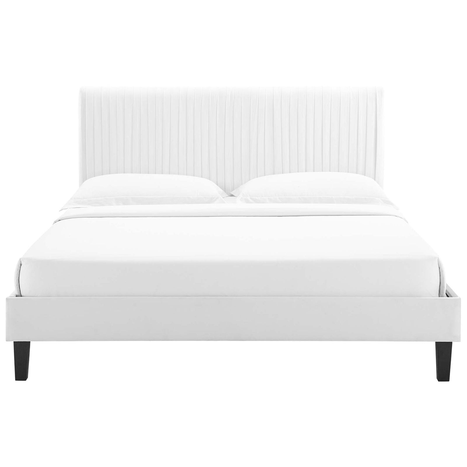White channel-tufted headboard and streamlined platform base with black wood legs || MOD-6597-WHI || front_studio