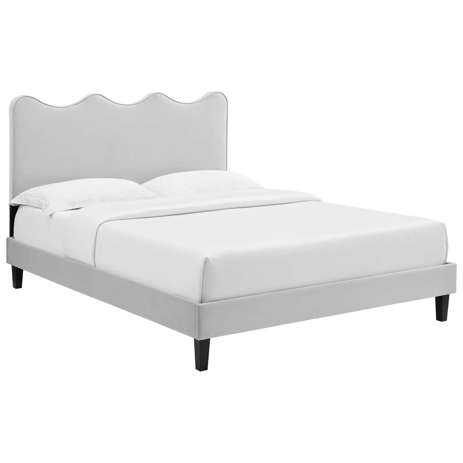 Wave-inspired velvet platform bed with scalloped headboard and tapered black legs || MOD-6735-LGR || front_angle_studio