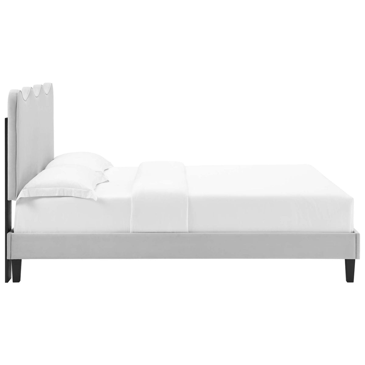 Slim platform frame and padded headboard in stain-resistant velvet with non-marking legs || MOD-6735-LGR || side_studio