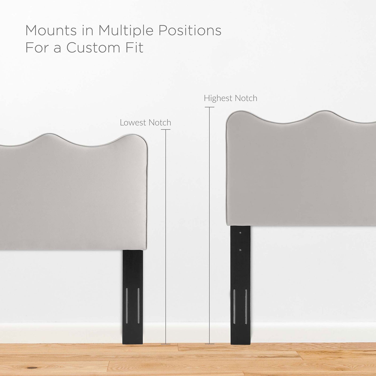 Adjustable headboard height offers a custom fit for varied mattress setups || MOD-6735-LGR || callout_room