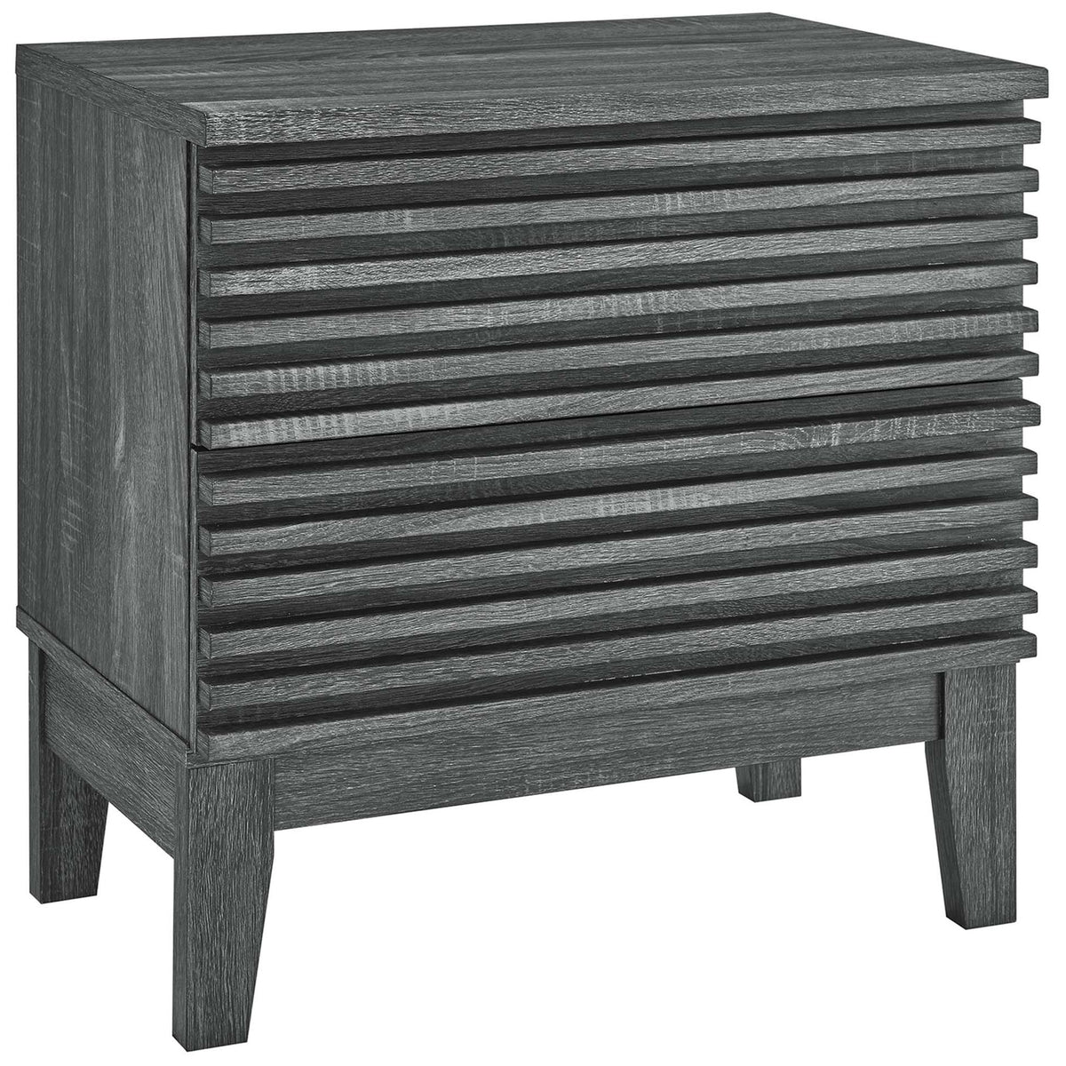 Charcoal two-drawer nightstand with slatted front and tapered wood legs || MOD-6964-CHA || front_angle_studio