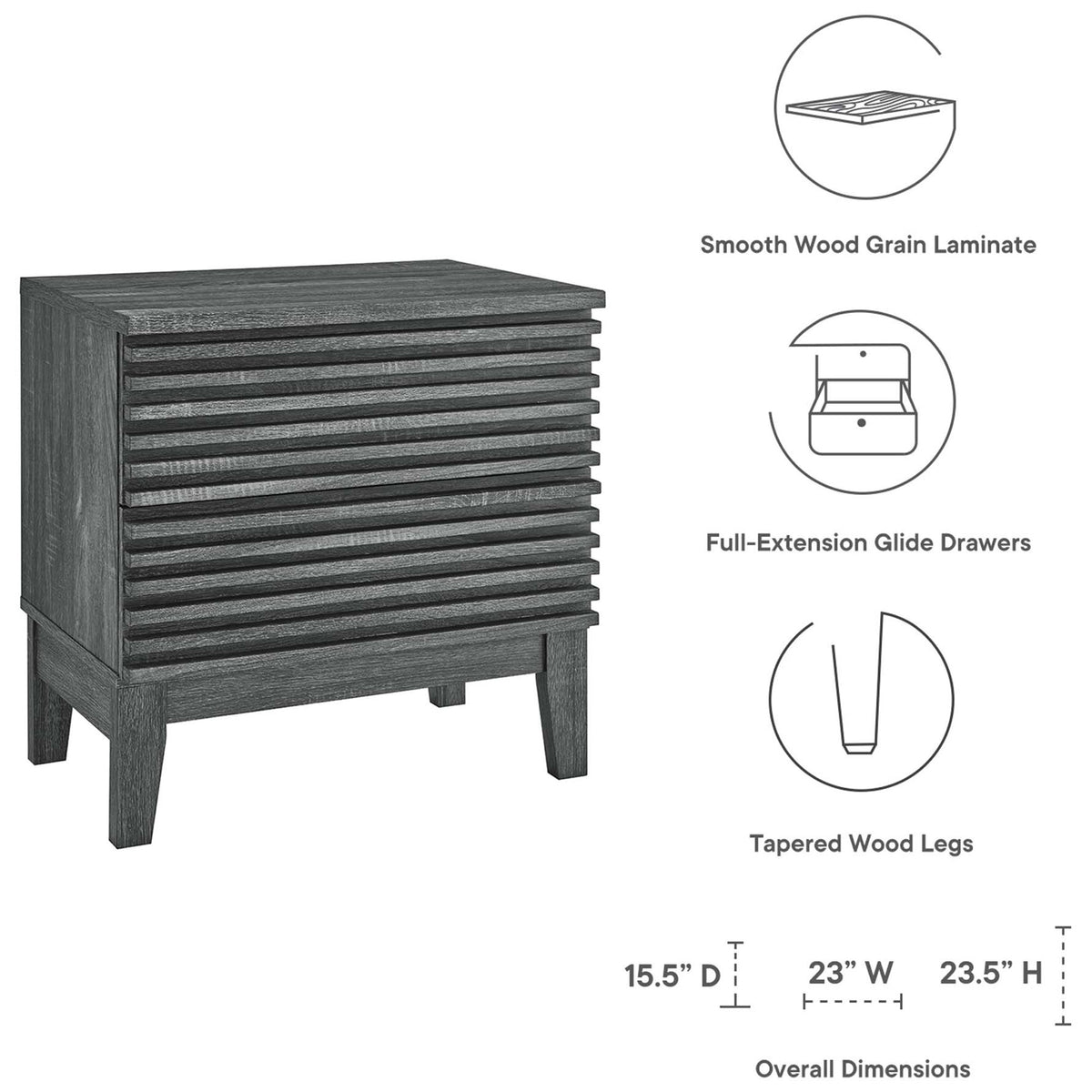 Feature and dimension graphic for charcoal two-drawer nightstand with slatted front || MOD-6964-CHA || dimension_studio