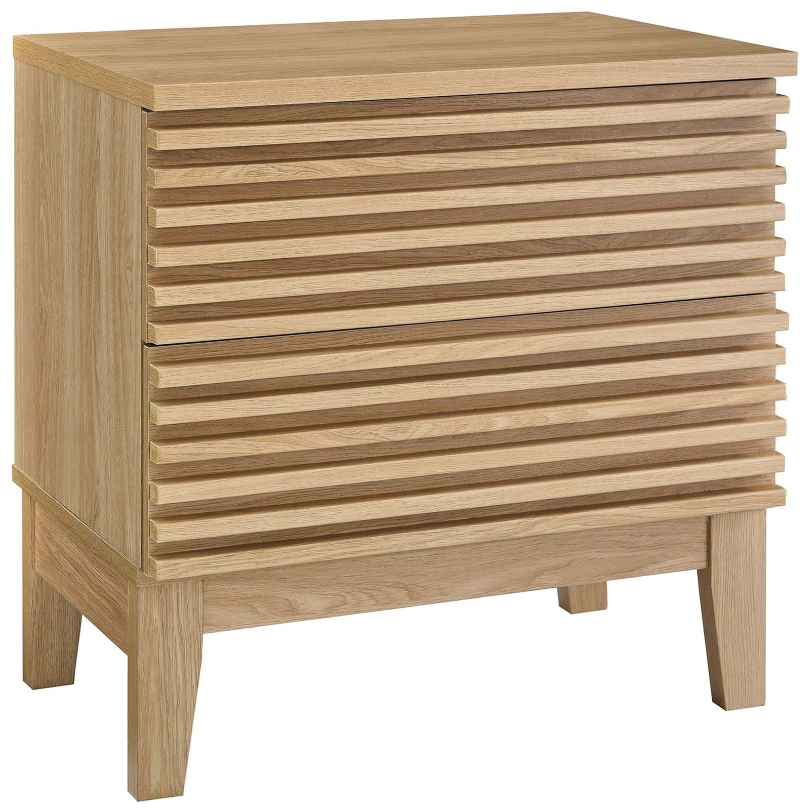 Oak two-drawer nightstand with slatted fronts and tapered legs for a clean mid-century accent || MOD-6964-OAK || front_angle_studio