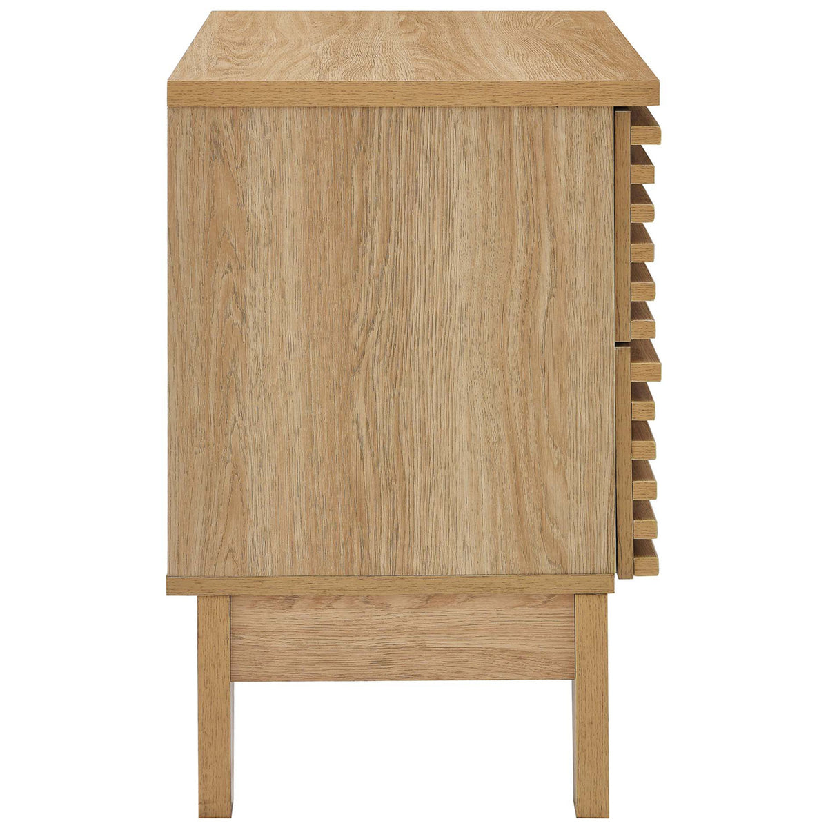 Smooth oak side profile of the Render nightstand showing wood grain texture and raised base || MOD-6964-OAK || side_studio