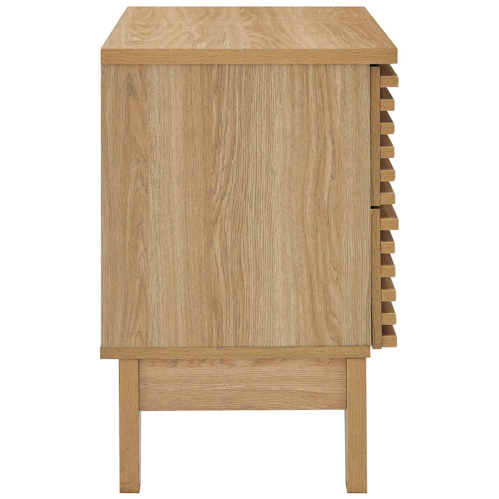 Smooth oak side profile of the Render nightstand showing wood grain texture and raised base || MOD-6964-OAK || side_studio