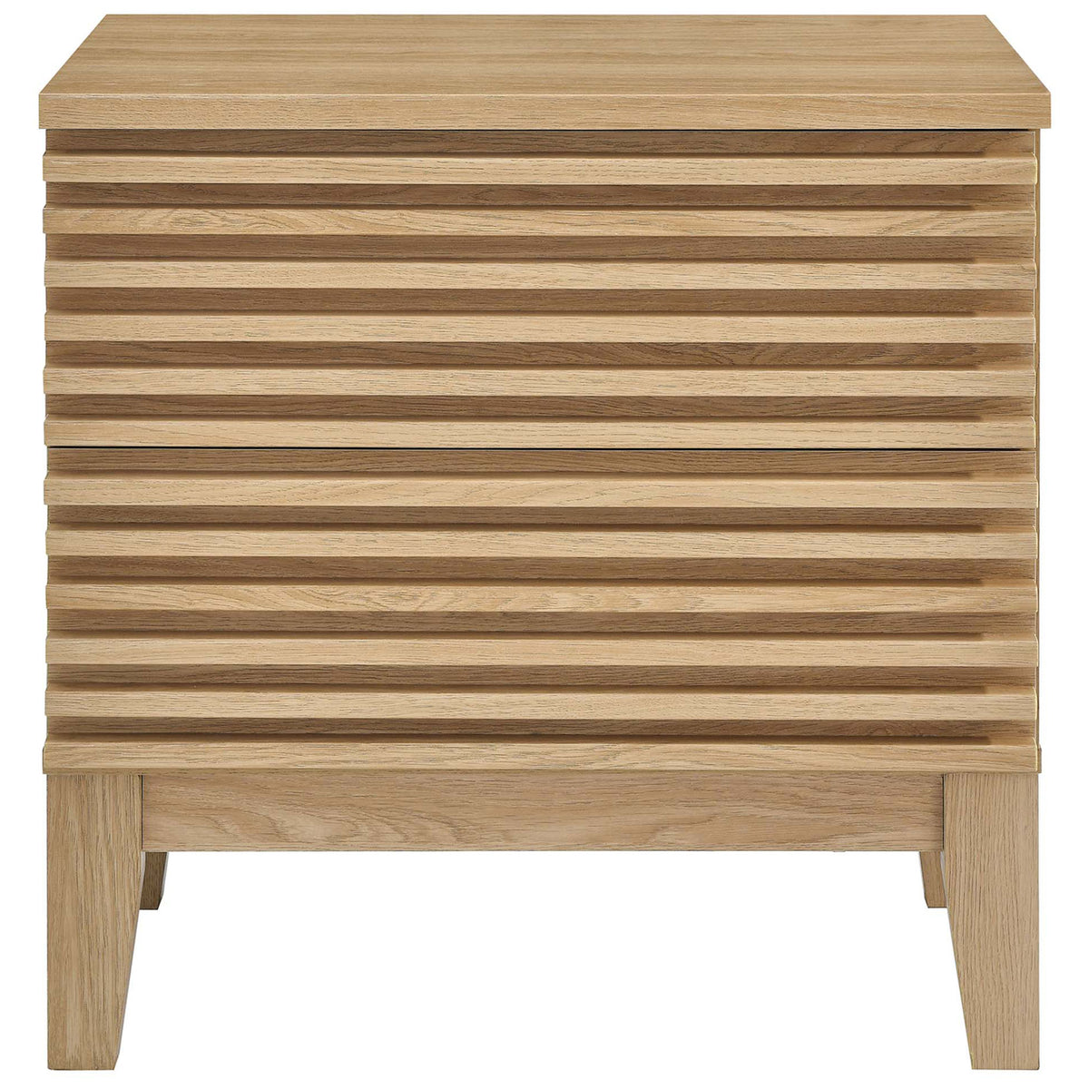 Render oak nightstand with two slatted drawers and elevated base for streamlined bedroom storage || MOD-6964-OAK || front_studio