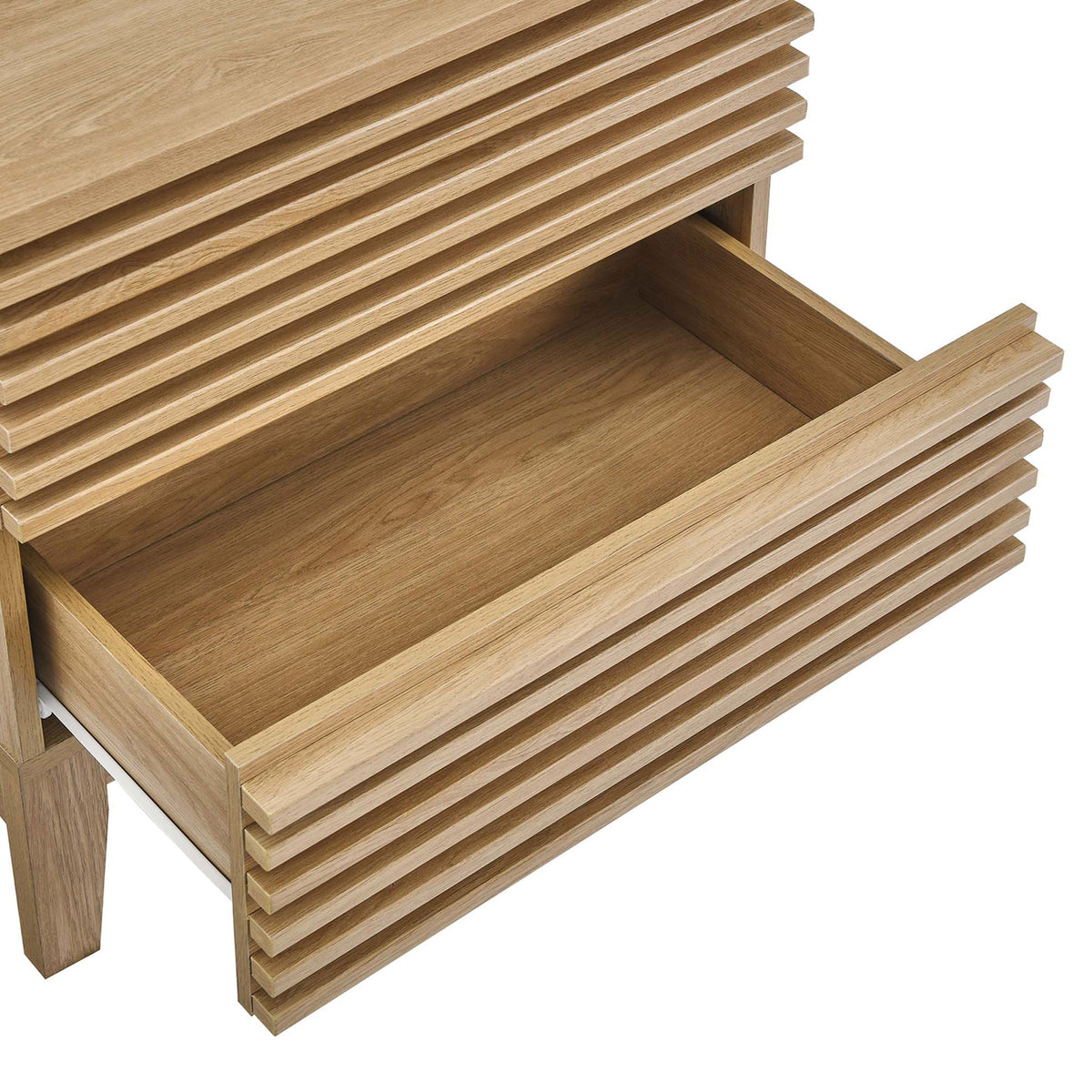 Spacious full-extension drawer of the Render nightstand showcasing smooth interior storage space || MOD-6964-OAK || storage_open_studio