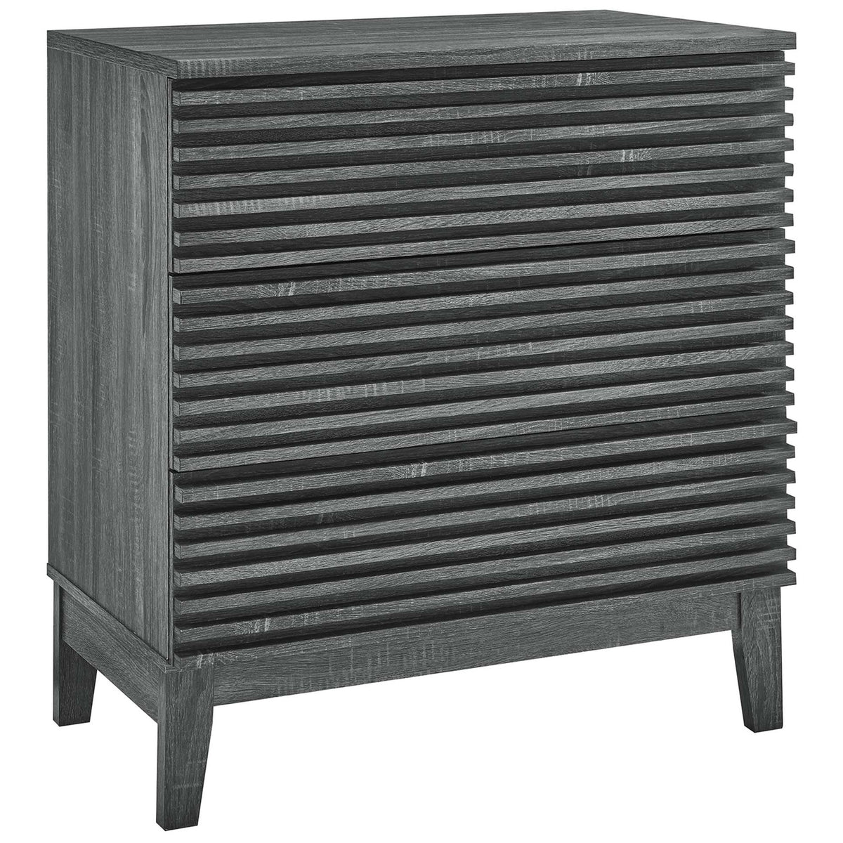 Charcoal bachelor's chest with slatted facade and tapered wood legs for a refined modern look || MOD-6965-CHA || front_angle_studio