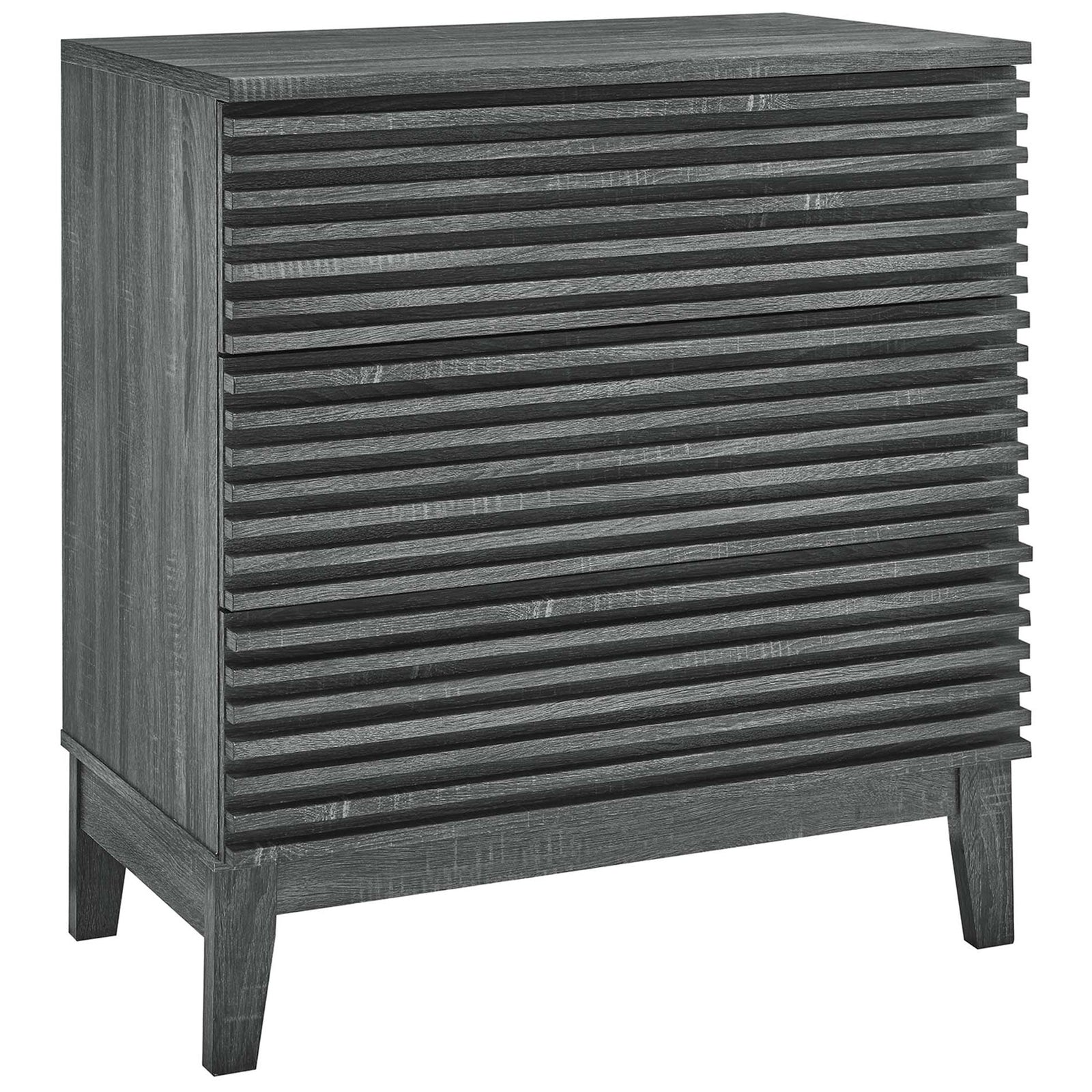 Charcoal bachelor's chest with slatted facade and tapered wood legs for a refined modern look || MOD-6965-CHA || front_angle_studio