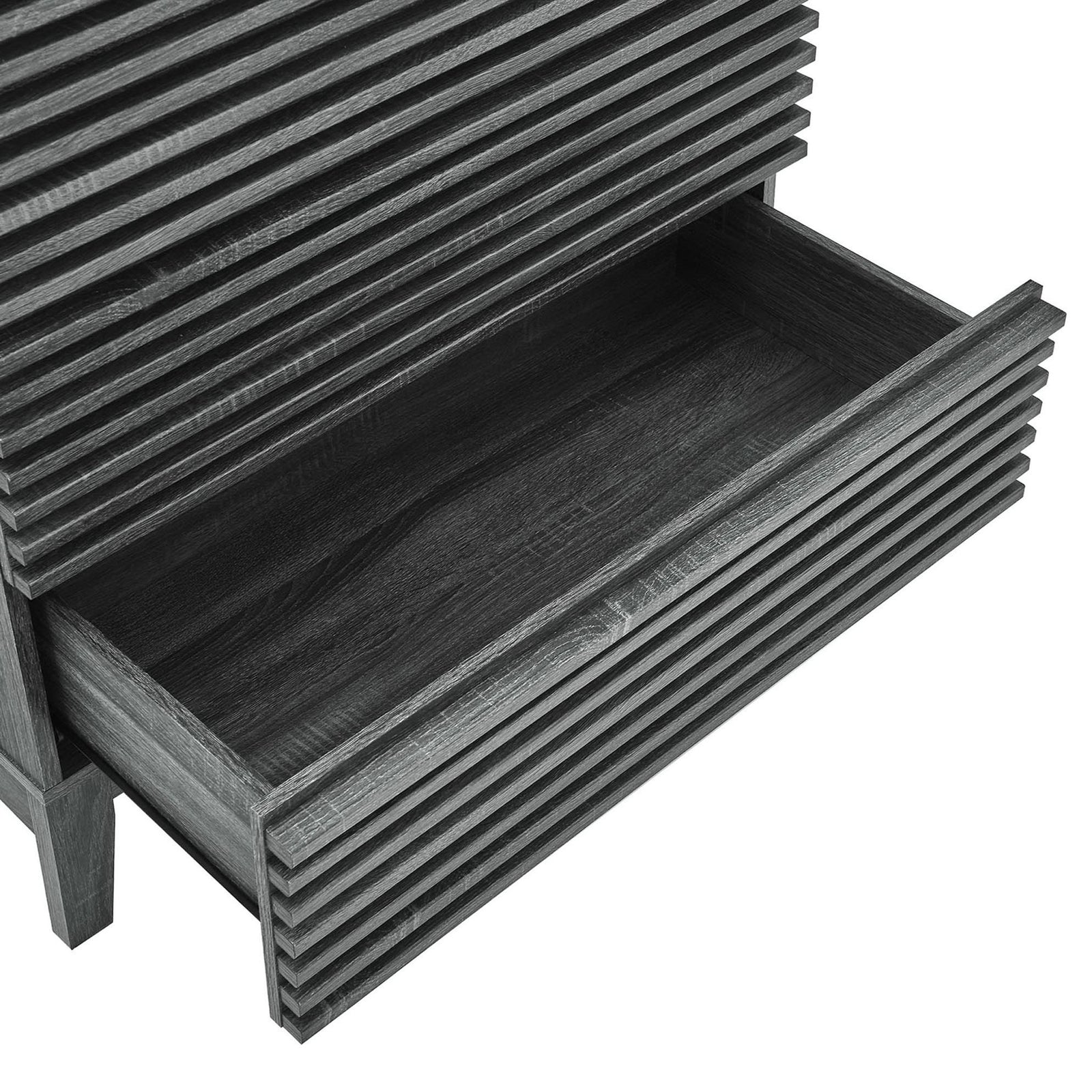 Open drawer revealing generous storage space with matching charcoal wood grain interior || MOD-6965-CHA || storage_open_studio