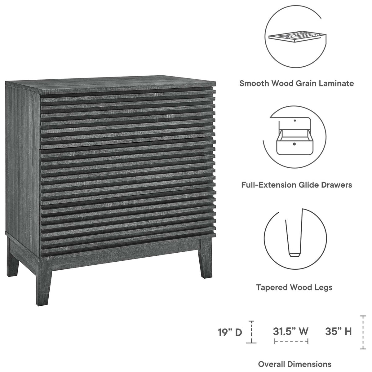 Dimension graphic highlighting smooth laminate top, full-extension drawers, and tapered legs || MOD-6965-CHA || dimension_studio