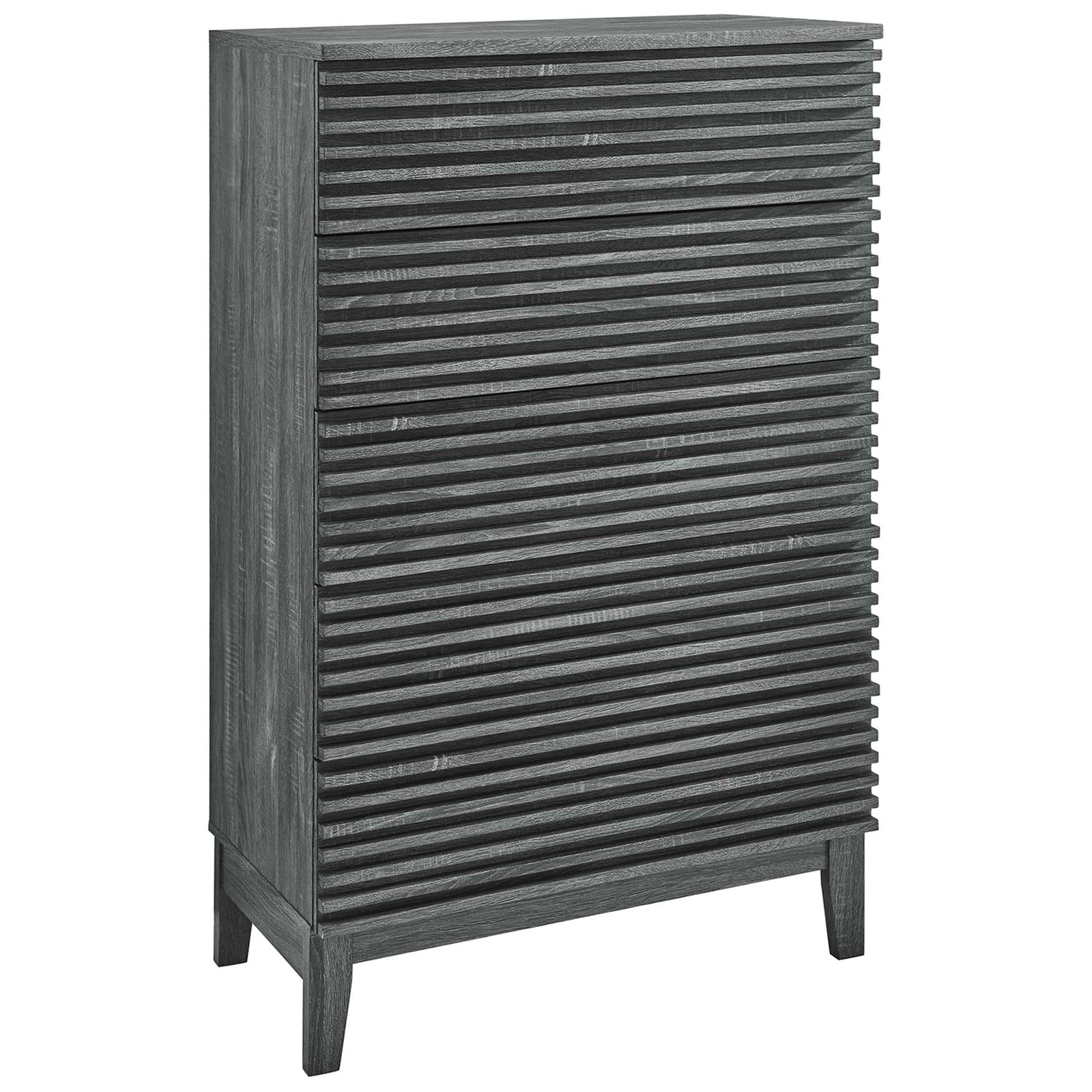 Tall charcoal 5-drawer dresser chest with textured slatted facade and warm mid-century silhouette. || MOD-6967-CHA || front_angle_studio