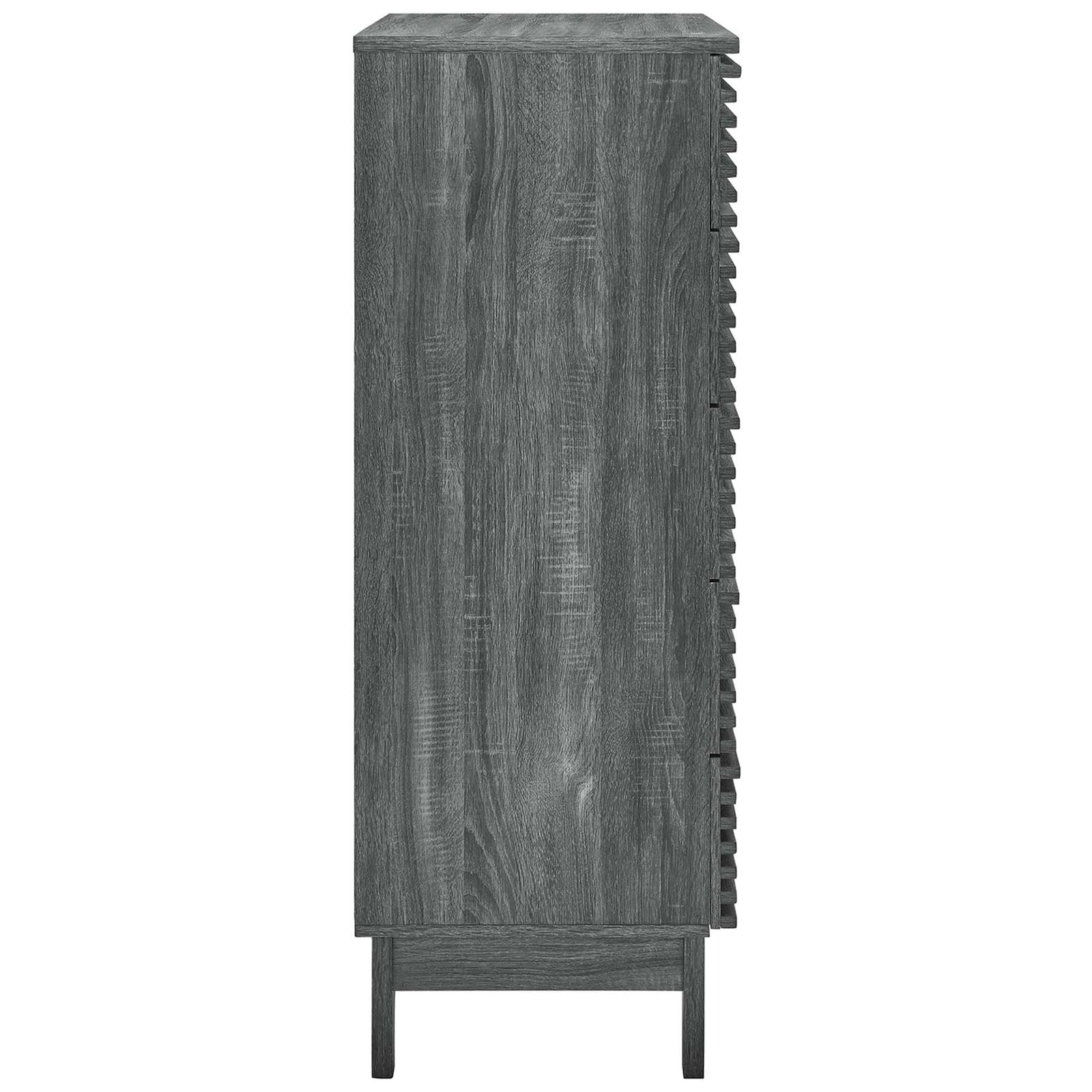 Charcoal dresser chest highlighting wood grain texture and clean modern profile on tapered legs. || MOD-6967-CHA || side_studio