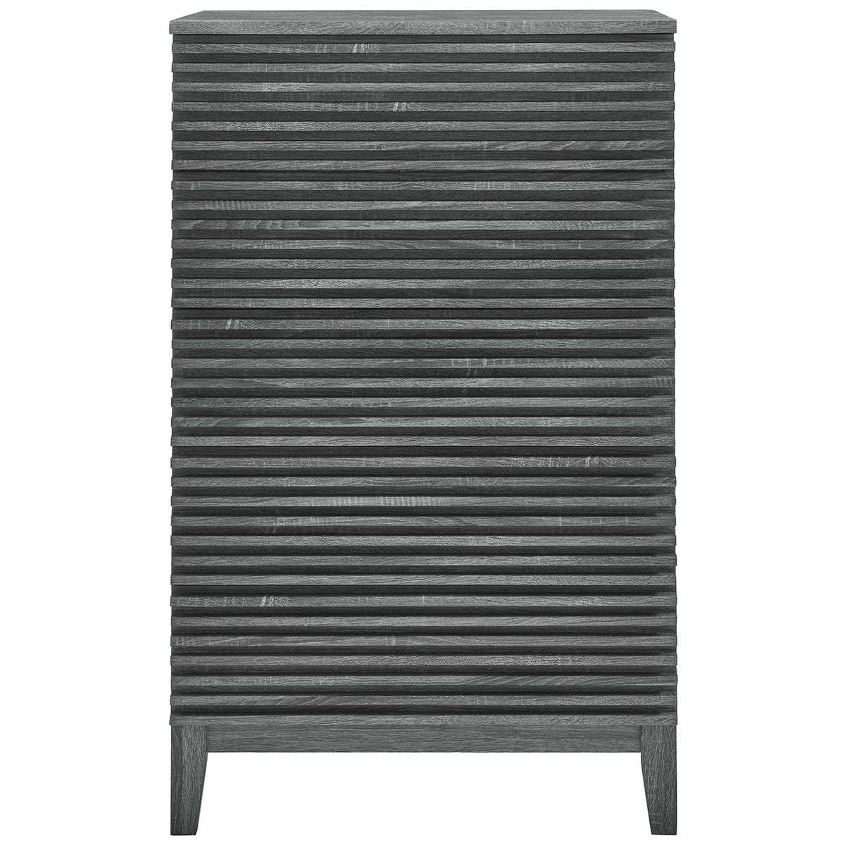 Charcoal 5-drawer dresser chest with horizontal slat detailing for bold mid-century style and hidden drawer pulls. || MOD-6967-CHA || front_studio