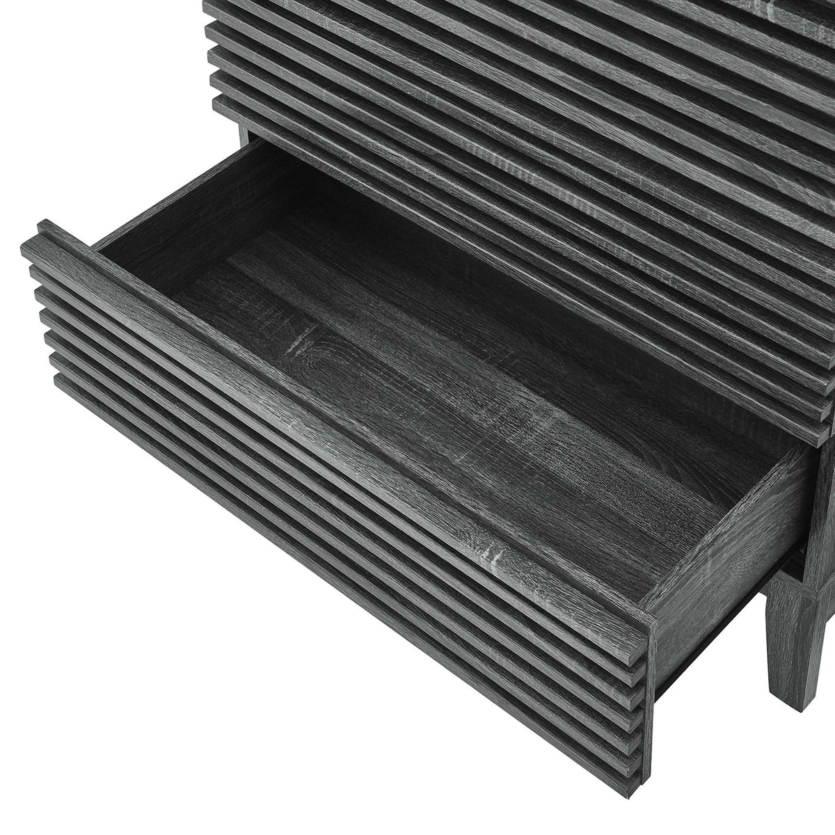 Spacious drawer with textured slatted front and smooth wood grain interior for neatly organized storage. || MOD-6967-CHA || storage_open_studio