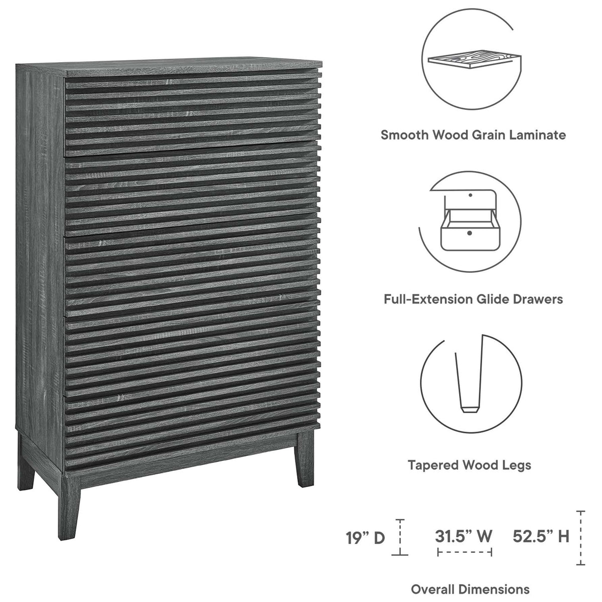 Render charcoal dresser chest with mid-century lines, showing laminate finish, glide drawers, and key dimensions. || MOD-6967-CHA || dimension_studio