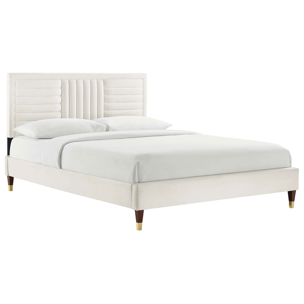 Streamlined white velvet bed featuring a plush channel-tufted headboard and elegant gold-tipped wood legs || MOD-6971-WHI || front_angle_studio