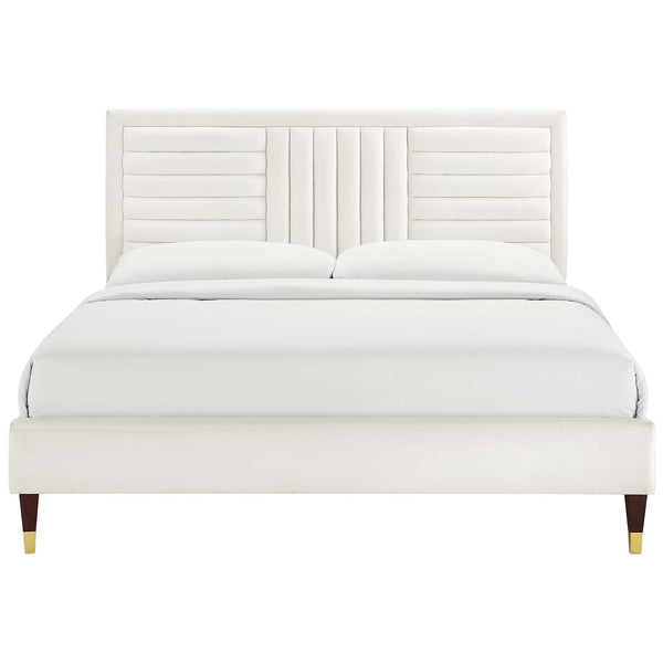 White performance velvet platform bed with channel-tufted headboard and gold-capped tapered wood legs || MOD-6971-WHI || front_studio