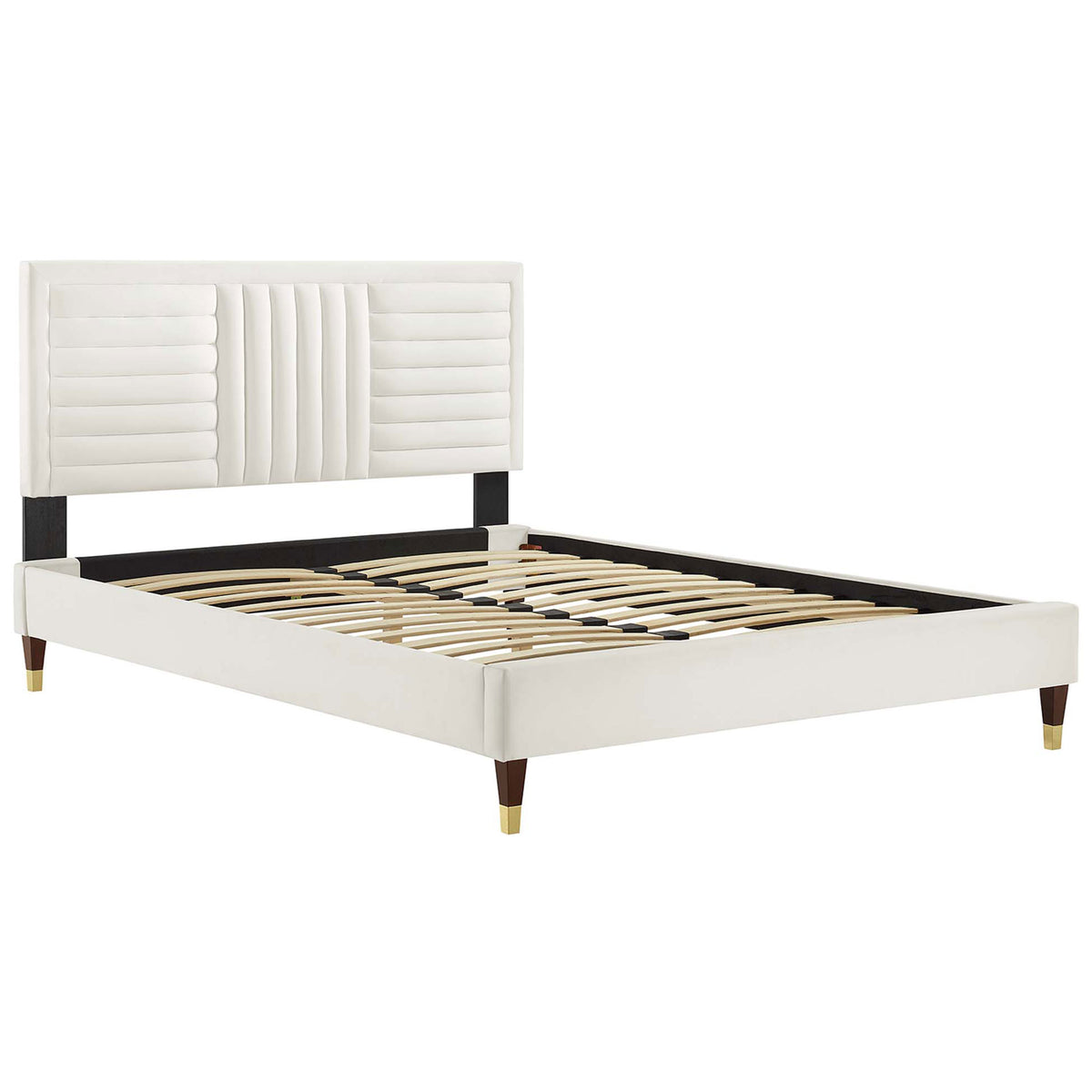 Platform bed frame in white velvet with channel-tufted headboard and durable wood slat support || MOD-6971-WHI || front_angle_studio