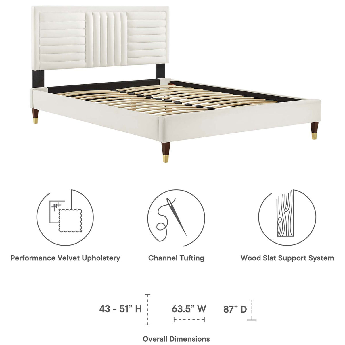 Performance velvet upholstery, channel tufting, and wood slat support with overall dimensions shown || MOD-6971-WHI || callout_studio