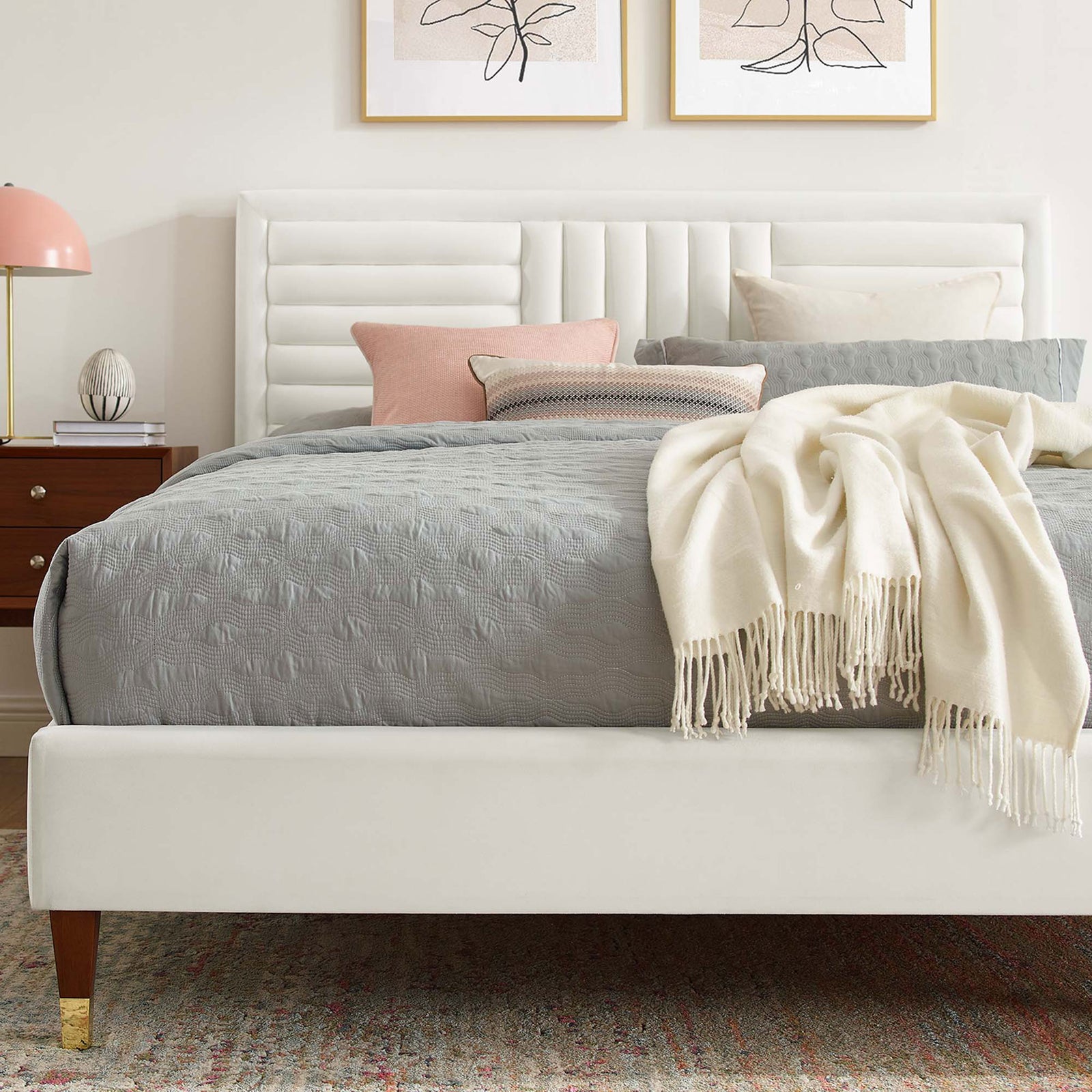 Soft white velvet headboard with refined horizontal and vertical channel tufting for a polished look || MOD-6971-WHI || detail_room