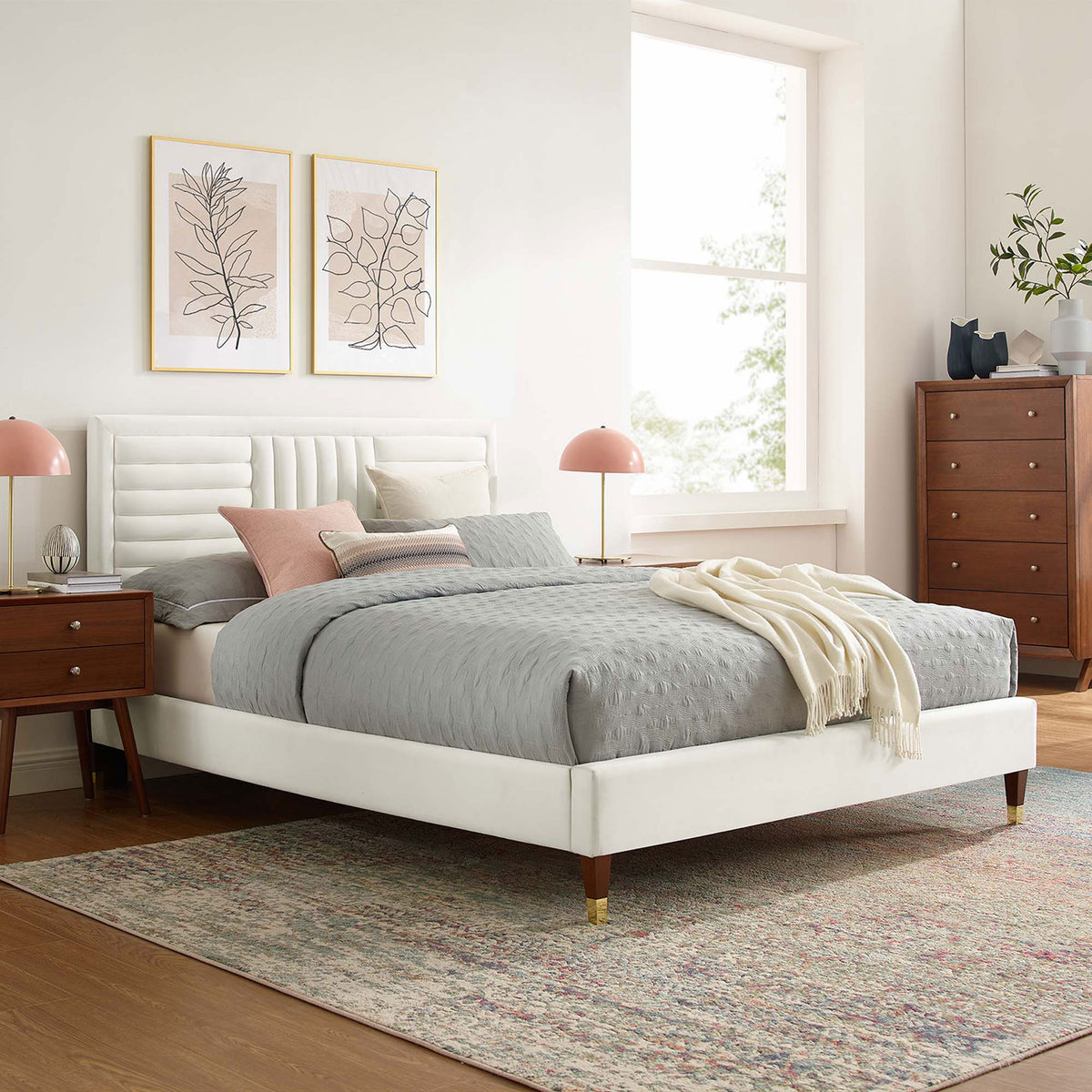 Modern white velvet platform bed brings glam warmth with channel tufting and gold-accented legs || MOD-6971-WHI || front_angle_room