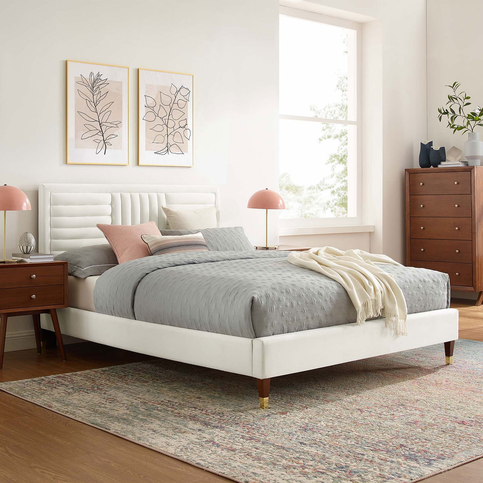Modern white velvet platform bed brings glam warmth with channel tufting and gold-accented legs || MOD-6971-WHI || front_angle_room