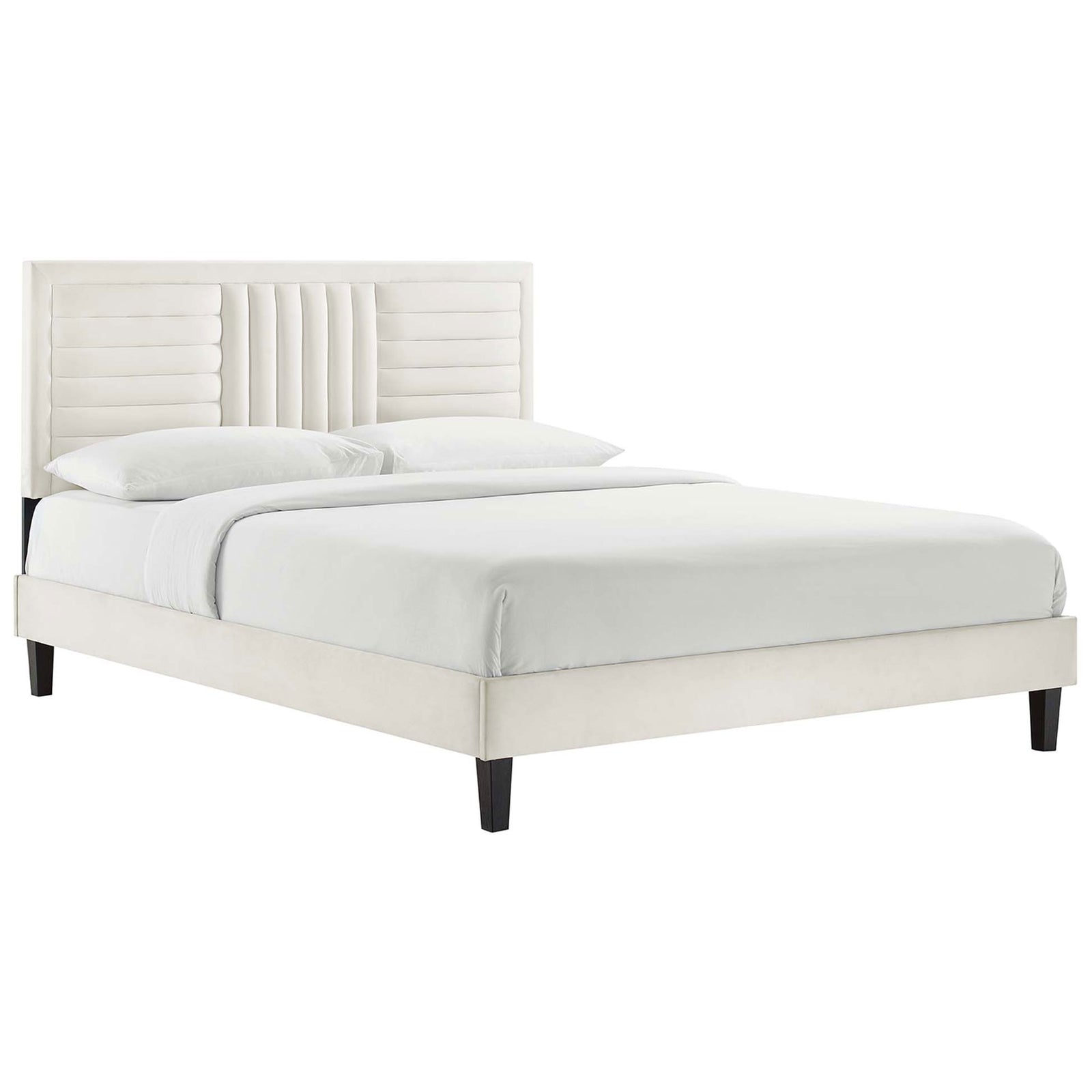 Glam channel-tufted headboard framed by a slim inset border in soft white performance velvet || MOD-6975-WHI || front_angle_studio
