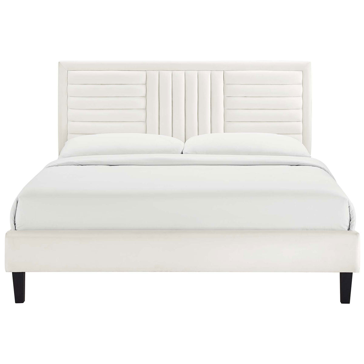 White performance velvet platform bed with channel-tufted headboard and tapered black legs || MOD-6975-WHI || front_studio