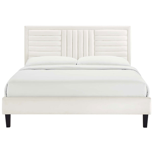 White performance velvet platform bed with channel-tufted headboard and tapered black legs || MOD-6975-WHI || front_studio