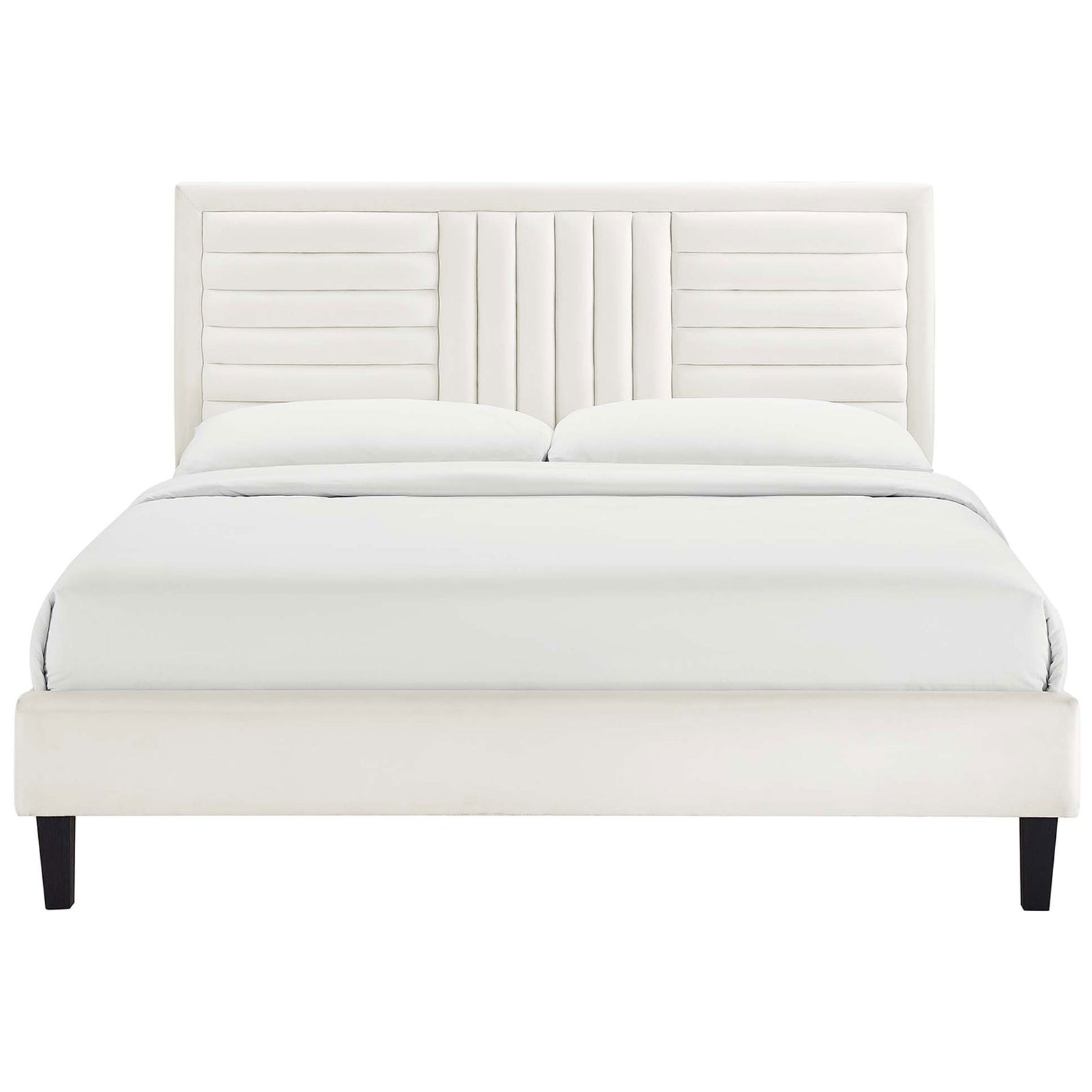 White performance velvet platform bed with channel-tufted headboard and tapered black legs || MOD-6975-WHI || front_studio