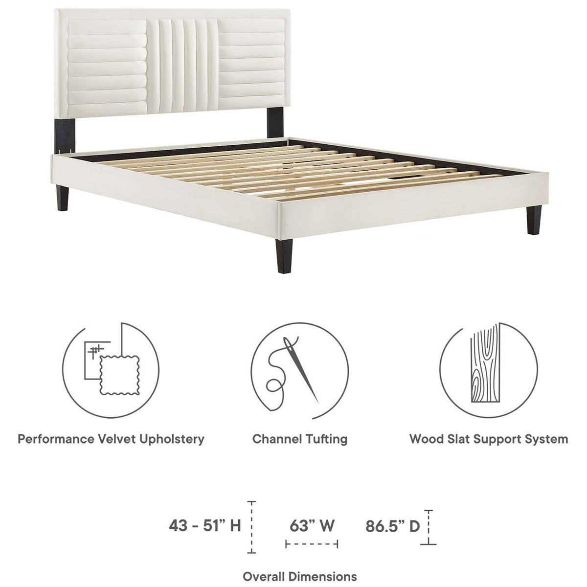 Performance velvet upholstery, channel tufting, and slat support highlighted with overall dimensions || MOD-6975-WHI || callout_studio