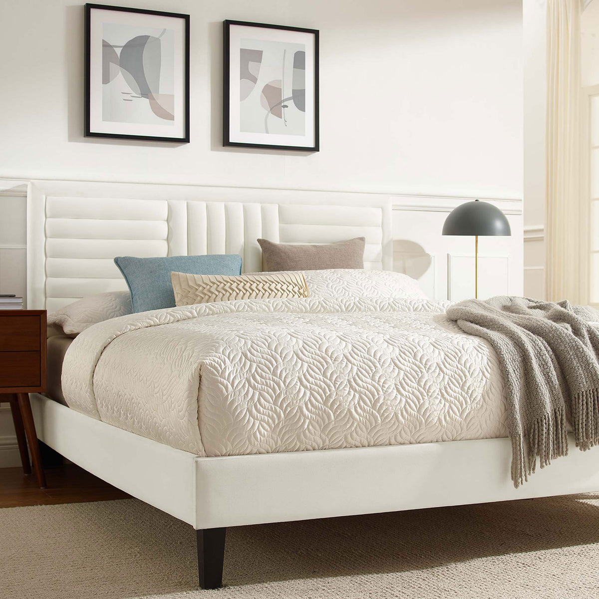 White velvet bed with sculpted channel-tufted headboard and tapered legs adds refined comfort || MOD-6975-WHI || detail_room