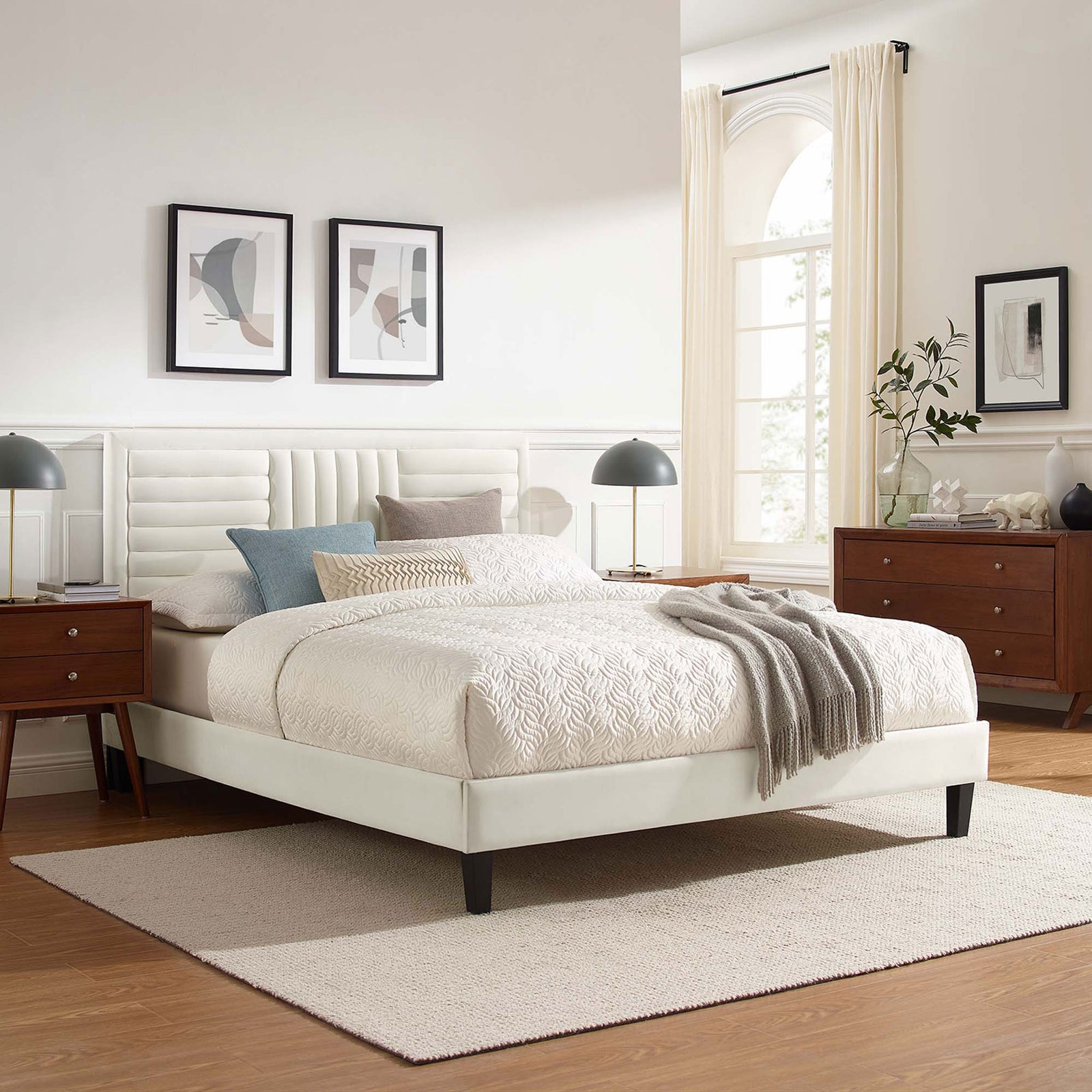 Streamlined platform profile pairs with plush performance velvet for a chic, inviting bedroom centerpiece || MOD-6975-WHI || front_angle_room