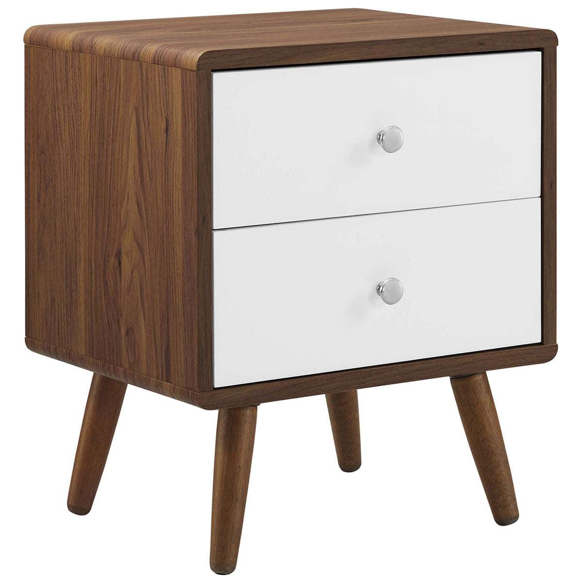 Mid-century walnut nightstand with white drawers and splayed tapered legs for a clean, modern look. || MOD-7017-WAL-WHI || front_angle_studio