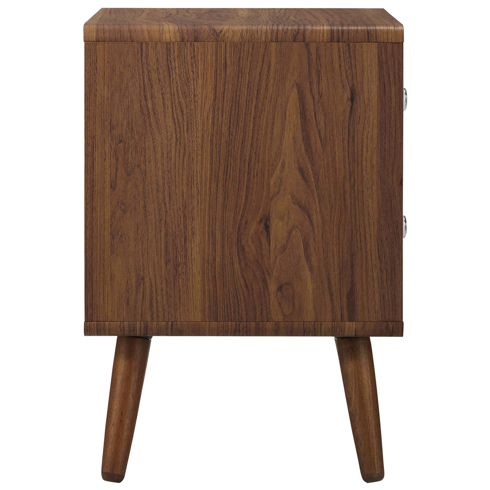 Sleek walnut nightstand side showcasing rich wood grain and softly rounded corners with mid-century charm. || MOD-7017-WAL-WHI || side_studio