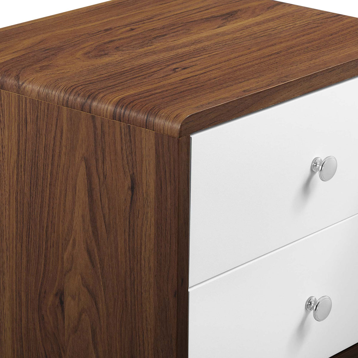 Detail of the walnut top and smooth white drawer fronts highlighting the nightstand's modern contrast. || MOD-7017-WAL-WHI || detail_studio
